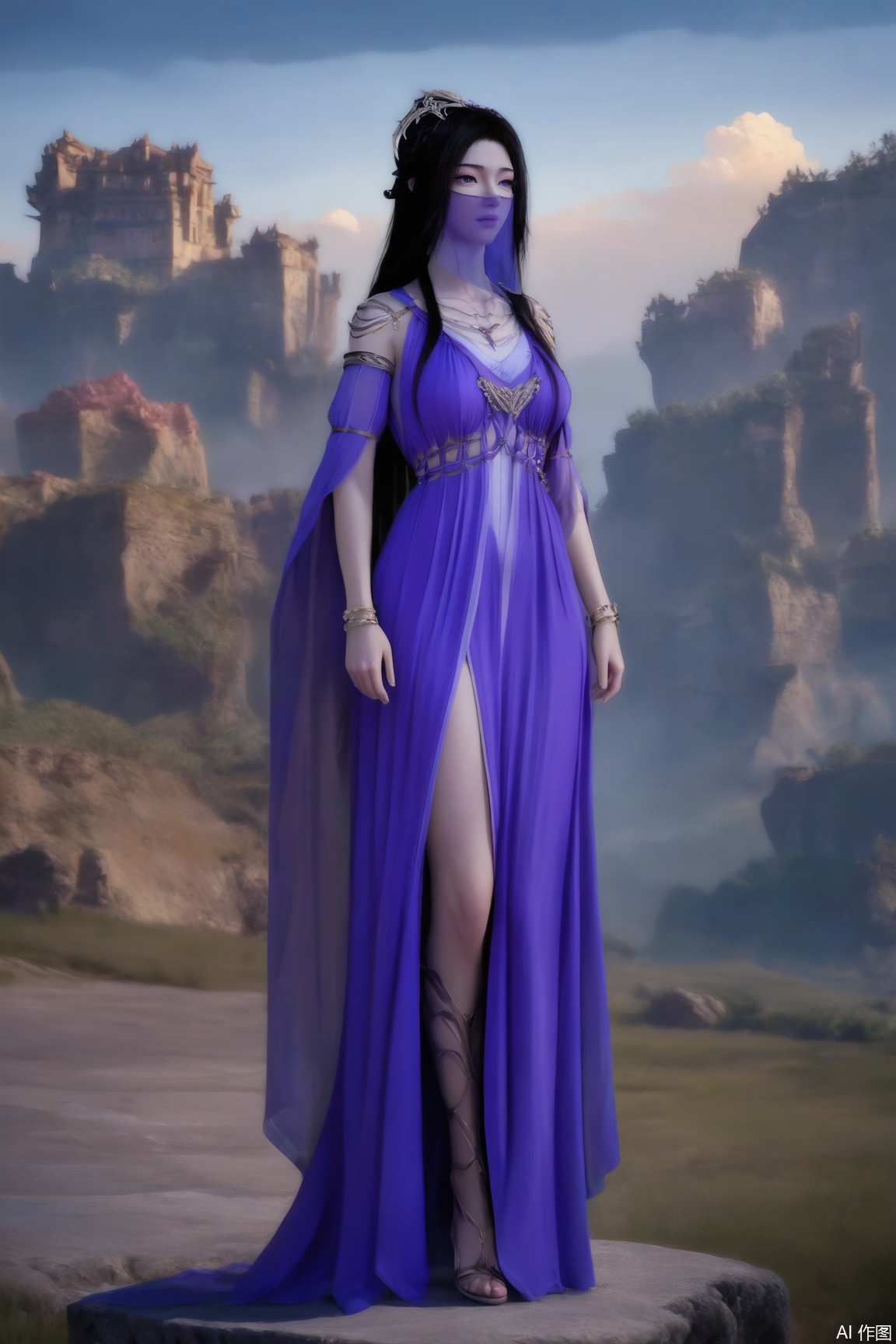 1girl, solo, long hair, black hair, dress, jewelry, full body, outdoors, sky, bracelet, veil, purple dress,
masterpiece, best quality, absurdres, highres, amazing quality, very aesthetic,  newest, absurdres, highres, highly detailed, very aesthetic,