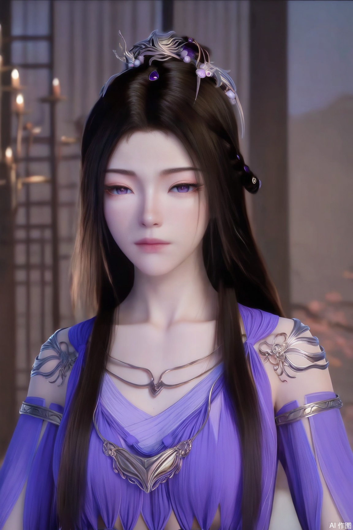 1girl, solo, long hair, brown hair, black hair, hair ornament, dress, jewelry, closed mouth, upper body, looking at viewer, expressionless, purple dress, 
masterpiece, best quality, absurdres, highres, amazing quality, very aesthetic,  newest, absurdres, highres, highly detailed, very aesthetic,
