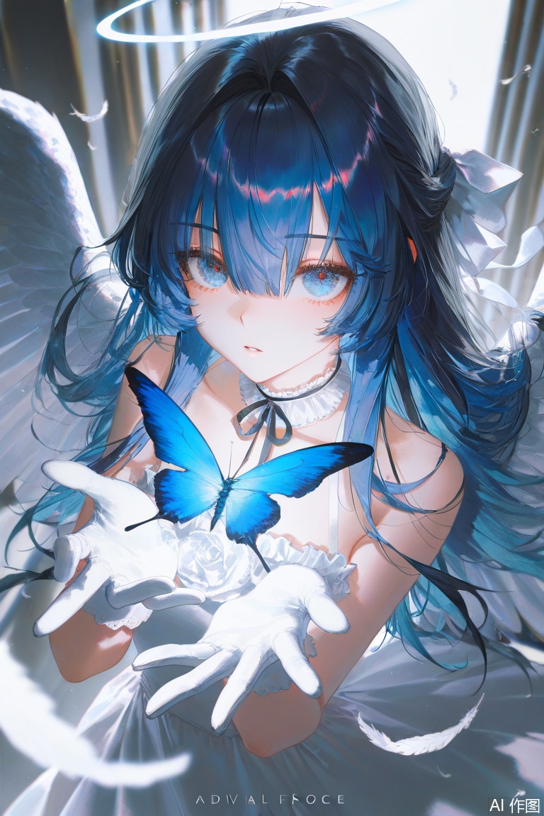 depth of field,(artist:quasarcake:0.8),extreme aesthetic,(wlop:0.6),wanke,rella,wanke,masterpiece,best quality,good quality,newest,year 2024,year 2023,very aesthetic,absurdres,Visual impact,Electromotive force,perspective composition,A shot with tension,ultra-high resolution,32K UHD,sharp focus,best quality,masterpiece,Emotionalization masterpiece,unconventional supreme,masterful details,with a high end texture,in the style of fashion photography,(Visual impact:1.2),giving the poster a dynamic and visually striking appearance,impactful picture,offcial art,colorful,splash of color,movie perspective,masterpiece,best quality,amazing quality,very aesthetic,absurdres,best quality,newest,masterpiece,best quality,good quality, ﻿1girl,solo,long hair,looking at viewer,gloves,dress,ribbon,blue hair,flower,frills,wings,white gloves,white dress,bug,butterfly,feathered wings,angel wings,
