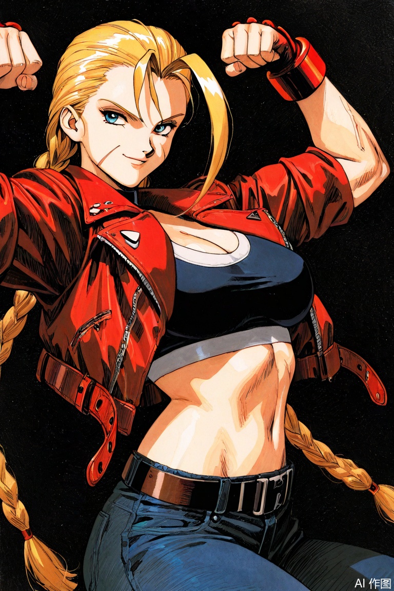 masterpiece, best quality, dark theme, 1girl, cammy white, 1990s \(style\), 1994, traditional media, blonde hair, cleavage, sports top, rough sketch, linear hatching, jeans, large breasts, belt, jacket, smirk,double biceps pose, 