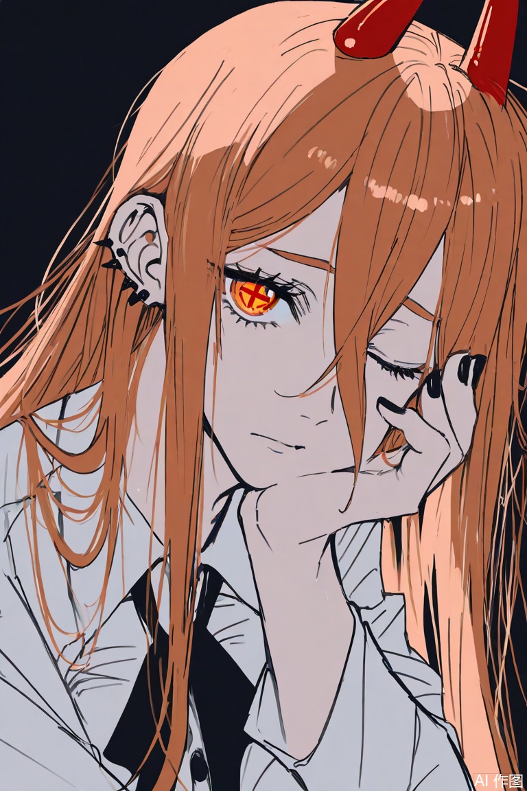ken \(shutenndouji1\),(remsrar:1.1),lineart,taira yuuki,(tama launcher),sketch,power \(chainsaw man\),1girl,alternate costume,black background,black nails,collared shirt,crossed bangs,demon horns,diamond-shaped pupils,diamond (shape),ear piercing,hair between eyes,hand on own cheek,hand on own face,head rest,horns,long bangs,long hair,long sleeves,looking at viewer,neck ribbon,one eye closed,orange eyes,orange hair,piercing,portrait,red horns,ribbon,shirt,simple background,solo,symbol-shaped pupils,white shirt,konya karasue,
