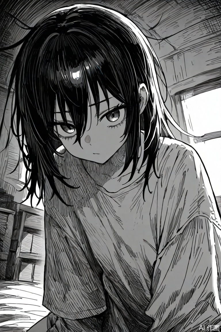 sharp messy sketch (linear hatching, hatching \(texture\):1.3),  
1girl, indoors, looking at viewer, oversized clothes, oversized shirt, 