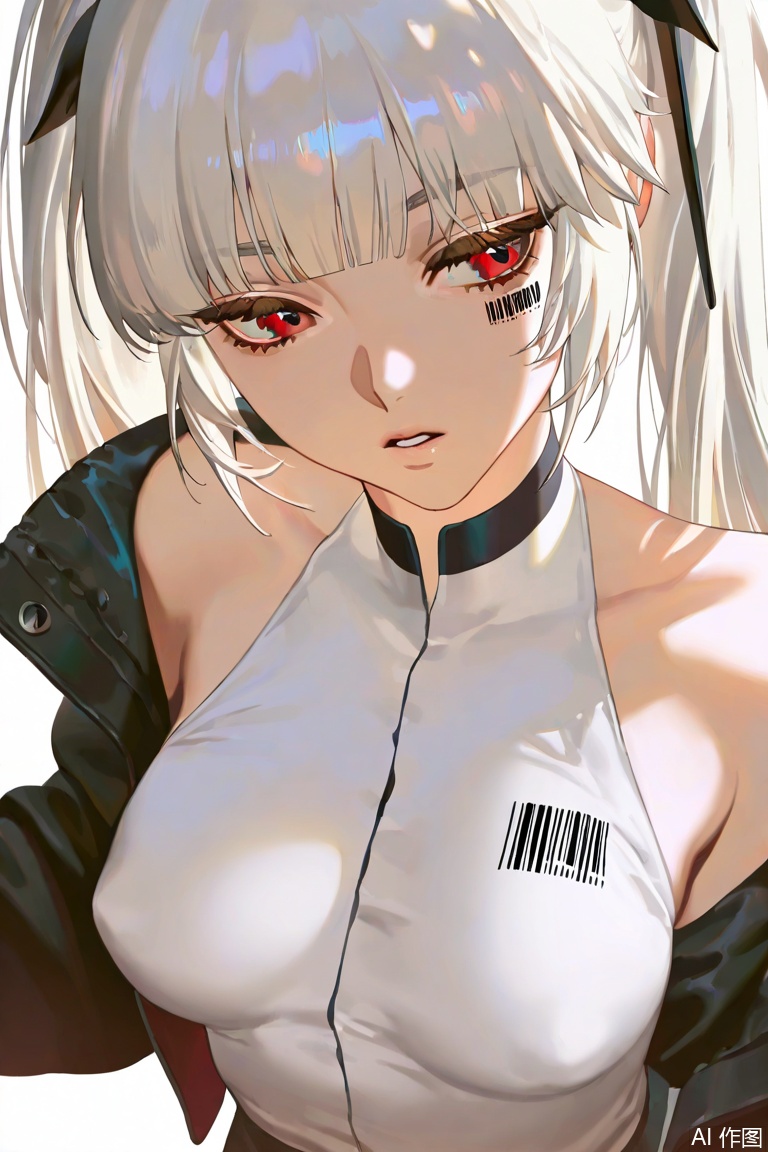 Rei(Sanbonzakura),(ennuigrl:0.6),(hakuhiruoeoe:0.4),(konyakarasue:0.4),(artist:konya_karasue:0.8),(artist:nyalia:0.4),(artist:Torino:0.6 ),
1girl, solo, long hair, breasts, bangs, simple background, shirt, red eyes, white background, bare shoulders, twintails, medium breasts, jacket, white shirt, white hair, parted lips, open clothes, sleeveless, off shoulder, open jacket, black jacket, barcode, barcode tattoo