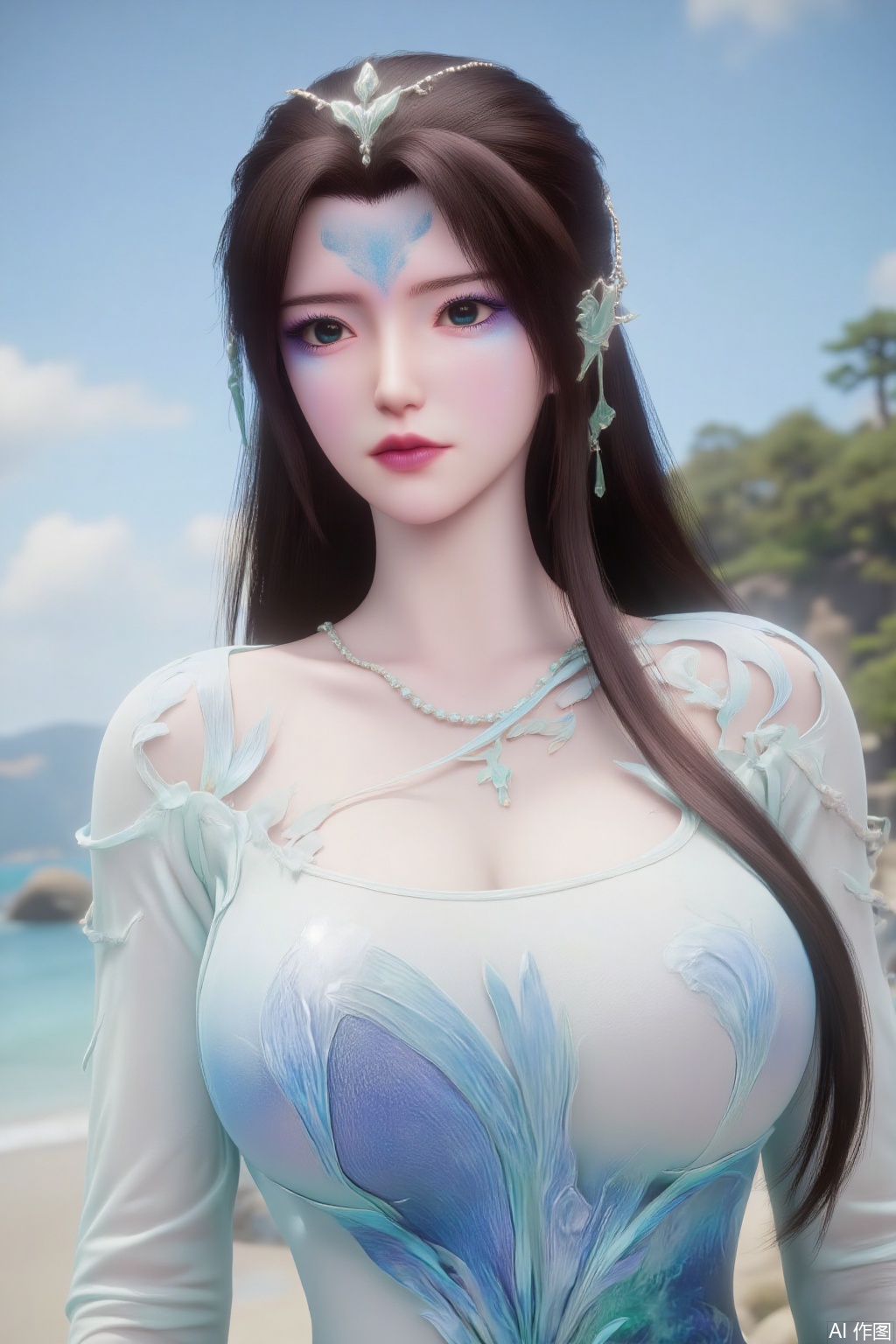 (masterpiece:1.2),best quality,extremely detailed wallpaper,perfect lighting1girl,solo,standing,looking at viewer,(cowboy_shot:1.3),,long hair,blurry background,depth of field,in summer,day,outdoors,nature,sea,(beach:1.4),(huge breasts:2.99),(full breasts:2.99),XcaiyunK,XlimuwanJCB,Xjiningshuang,XjiningshuangX2,XzixinK,XliushenWDDk,XtingerY,XbaiyuekuiXY,XqingyiXYK,COLORFUL CHAOS CRACKS AND DROPS,RAINBOW GLOW.