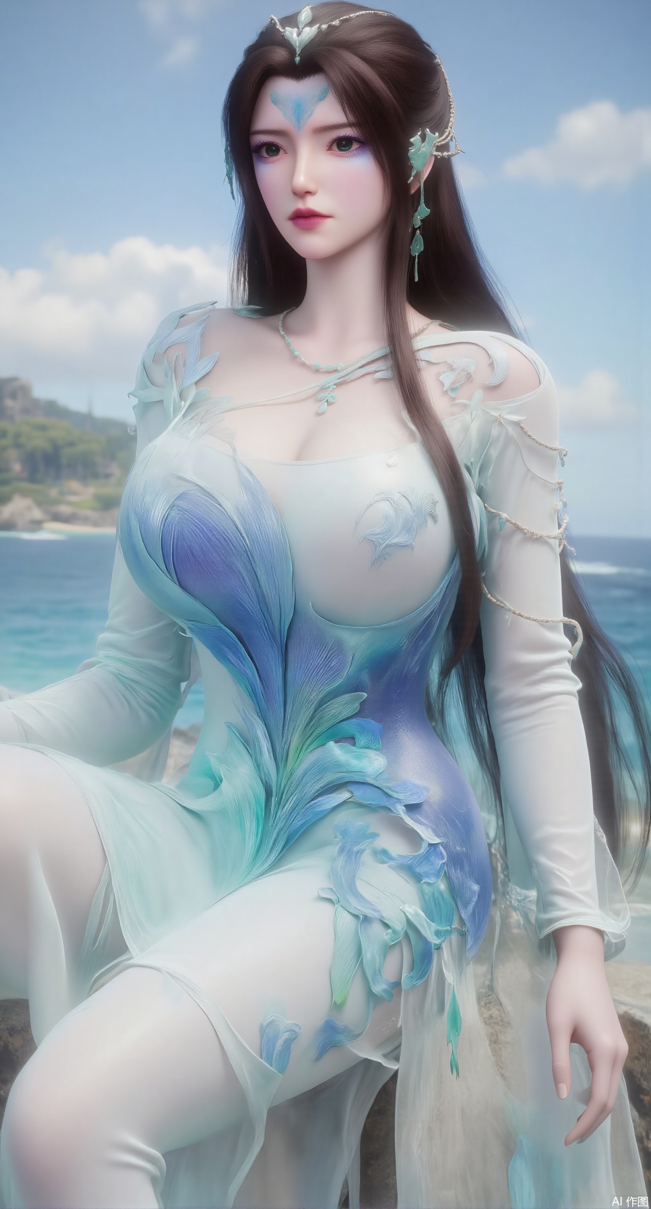 (masterpiece:1.2),best quality,extremely detailed wallpaper,perfect lighting1girl,solo,standing,looking at viewer,(cowboy_shot:1.3),,long hair,blurry background,depth of field,in summer,day,outdoors,nature,sea,(beach:1.4),(huge breasts:2.99),(full breasts:2.99),XcaiyunK,XlimuwanJCB,Xjiningshuang,XjiningshuangX2,XzixinK,XliushenWDDk,XtingerY,XbaiyuekuiXY,XqingyiXYK,COLORFUL CHAOS CRACKS AND DROPS,RAINBOW GLOW.