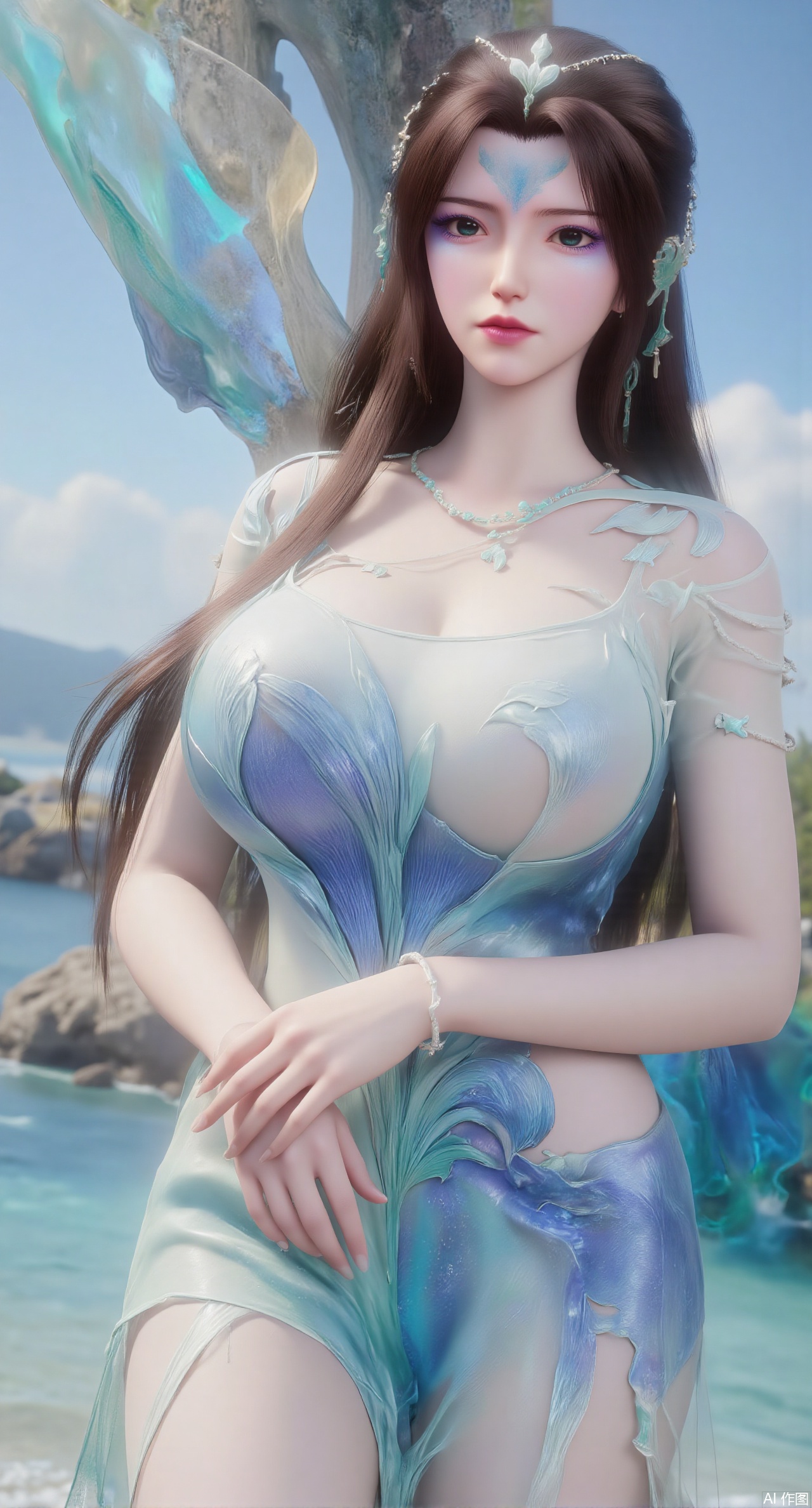(masterpiece:1.2),best quality,extremely detailed wallpaper,perfect lighting1girl,solo,standing,looking at viewer,(cowboy_shot:1.3),,long hair,blurry background,depth of field,in summer,day,outdoors,nature,sea,(beach:1.4),(huge breasts:2.99),(full breasts:2.99),XcaiyunK,XlimuwanJCB,Xjiningshuang,XjiningshuangX2,XzixinK,XliushenWDDk,XtingerY,XbaiyuekuiXY,XqingyiXYK,COLORFUL CHAOS CRACKS AND DROPS,RAINBOW GLOW.