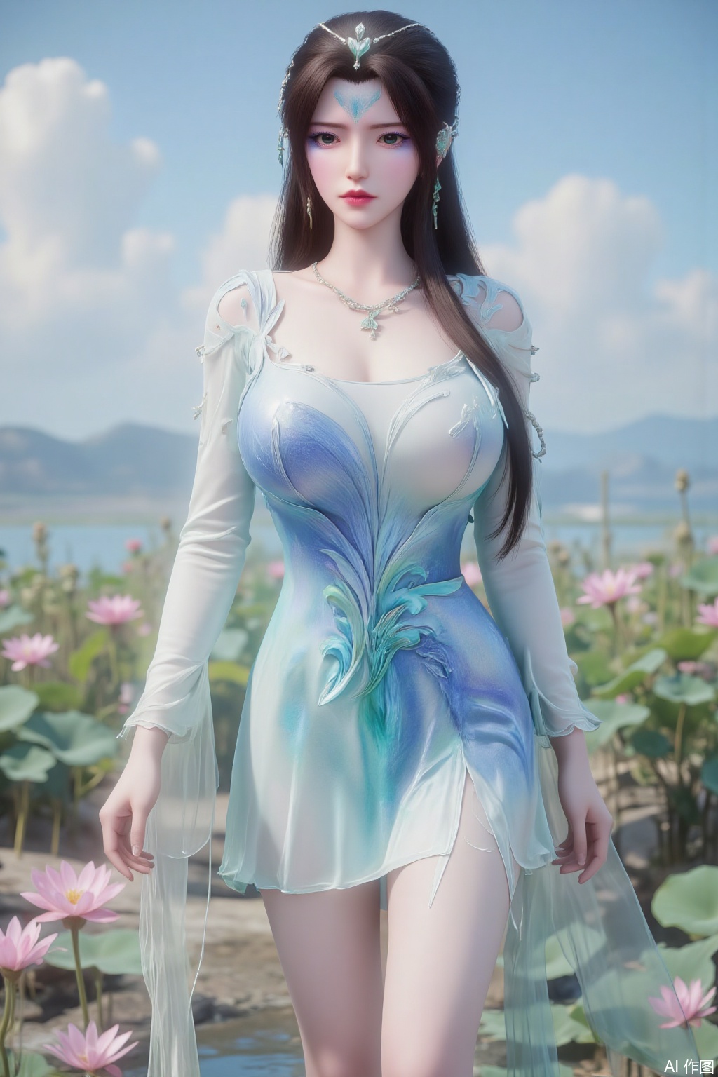 (masterpiece:1.2),best quality,absurdres,masterpiece,original,extremely detailed wallpaper,perfect lighting,(extremely detailed CG:1.2),1girl,solo,standing,looking at viewer,(cowboy_shot:1.3),black hair,long hair,high heels,blurry background,depth of field,motion blur,short dress,china_dress,chinese_style,bare shouders,crystal_earrings,headpiece,hair_tie,chest_jewel,gem,necklace,jewelry,in summer,day,outdoors,nature,sea,(beach:1.4),(huge breasts:2.99),(full breasts:2.99),(lotus pond and pink lotus flowers:1.59),,(very long legs,Diamond-studded high heels:1.5),XcaiyunK,XlimuwanJCB,Xjiningshuang,XjiningshuangX2,XzixinK,XliushenWDDk,XtingerY,XbaiyuekuiXY,XqingyiXYK,COLORFUL CHAOS CRACKS AND DROPS,RAINBOW GLOW.