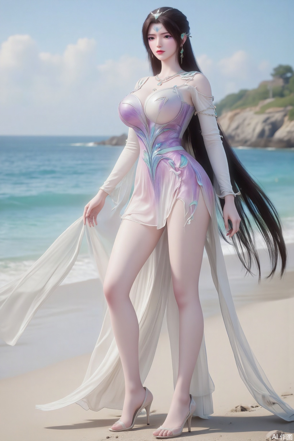  (masterpiece:1.2),best quality,3D animation,CG,absurdres,masterpiece,original,extremely detailed wallpaper,perfect lighting,(extremely detailed CG:1.2),1girl,solo,standing,(huge breasts:2.69),(full breasts:2.59),,looking at viewer,(cowboy_shot:1.1),long hair,high heels,blurry background,depth of field,motion blur,long dress,china_dress,chinese_style,bare shouders,crystal_earrings,headpiece,hair_tie,chest_jewel,gem,necklace,jewelry,in summer,day,outdoors,nature,sea,(rose,beach:1.49),(huge breasts:2.99),(full breasts:2.99),(very long legs,Diamond-studded high heels:1.5),XcaiyunK,XlimuwanJCB,Xjiningshuang,XjiningshuangX2,XzixinK,XliushenWDDk,XtingerY,XbaiyuekuiXY