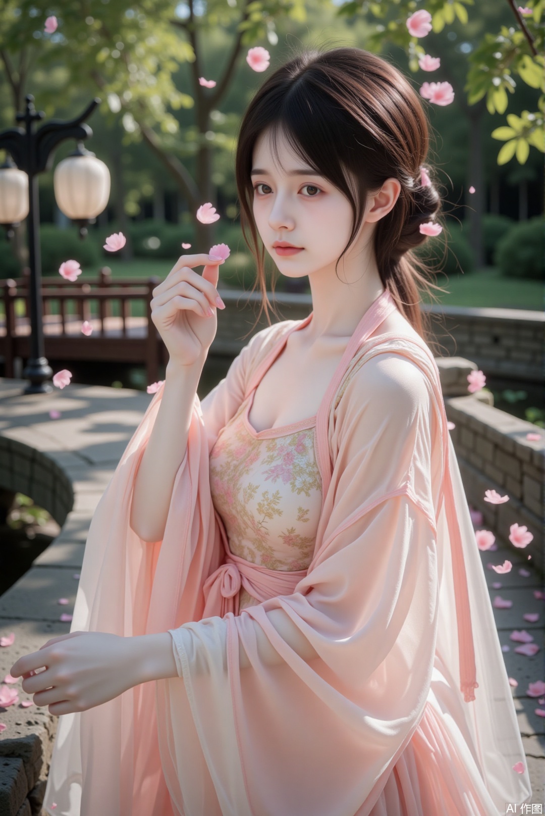 The Asian woman in Hanfu gazes sadly at the falling pink petals around her. Her makeup is elegant yet subtle, with a light pink lip color and delicate black eyeliner enhancing her sorrowful expression. Her long black hair is tied into an elegant low bun, with a few strands loosely framing her face. She wears a flowing pale pink Hanfu dress, its wide sleeves and layered fabric fluttering softly in the breeze. The scene is a serene garden with stone lanterns and curved wooden bridges. Petals float in the air and gently settle on her shoulders and the ground around her. She gently lifts her hand, letting a petal land on her palm. The camera captures her from a side angle, slightly above eye level, with a medium close-up framing that focuses on her upper body and face. Her expression is one of quiet melancholy as she looks at the viewer with a sense of longing. The lighting is cinematic, with soft shadows and highlights creating a dreamy atmosphere. The skin appears shiny and smooth, adding to the aesthetic appeal of the image. Ray tracing enhances the realism of the scene, making the petals and fabric appear lifelike. The overall mood is very aesthetic and cinematic, with a focus on the beauty and sadness of the moment.