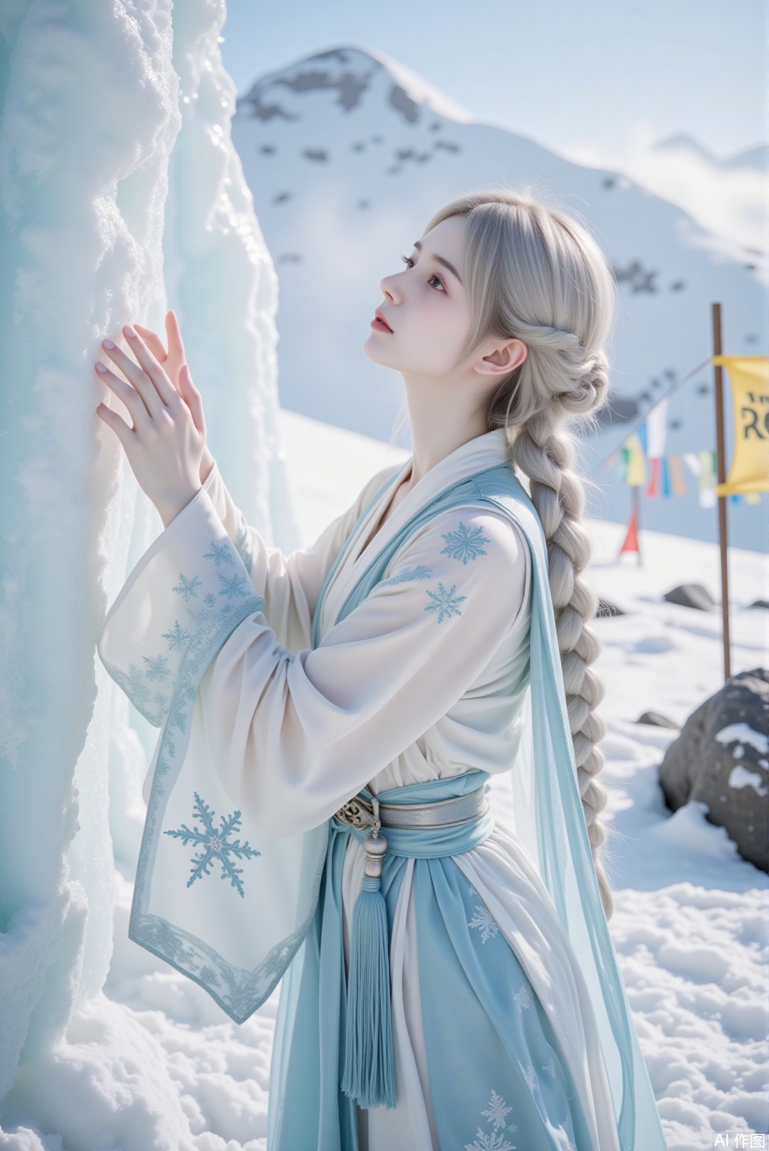 The woman with silver-white hair in a neat double braid wears a snow-white wide-sleeved robe with ice-blue snowflake patterns and a silver tassel belt around her waist. On the snowy mountain peak with white snow, ice crystals and fluttering prayer flags in the cold wind, she stands sideways next to an ice crystal, slightly tilting her head back and stretching her hand to touch it. Her makeup is a cold and elegant ice snow style with silver eye shadow and a pale purple lip. With cinematic lighting and ray tracing highlighting the very aesthetic appearance of her shiny skin and the detailed textures of her costume, she stands firmly against the snowy background. Her expression is stern yet with a hint of tenderness, and her eyes are determined as she interacts with the icy environment.