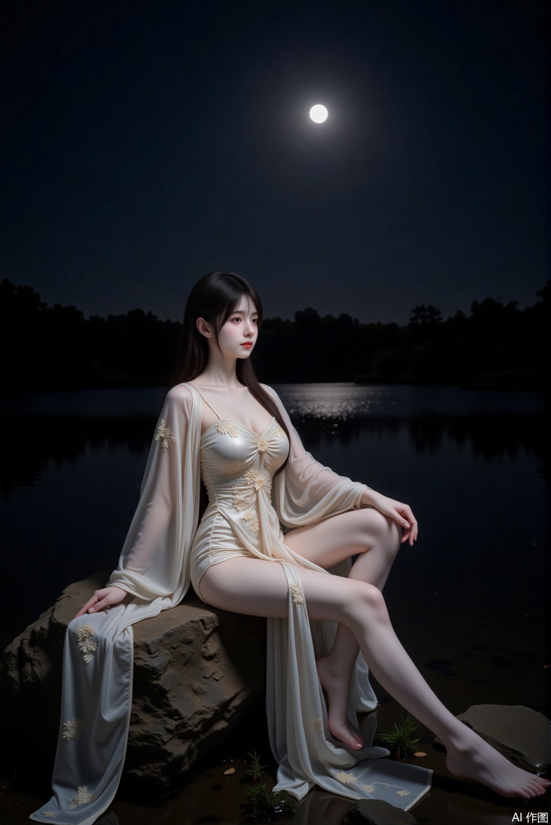 On a moonlit night, a Chinese woman with a long, straight black hair and a hanfu of white silk stands near a tranquil lake. The dress is adorned with delicate floral patterns, hugging her figure and accentuating her bust. She sits on a rock, one leg bent with her thigh resting on the rock's edge, the other leg dipping into the water. The camera captures her from a low angle, the moon's reflection on the water adding a silver sheen to her silhouette. Her pose is one of quiet contemplation, her gaze fixed on the moon, creating a serene and enchanting scene.