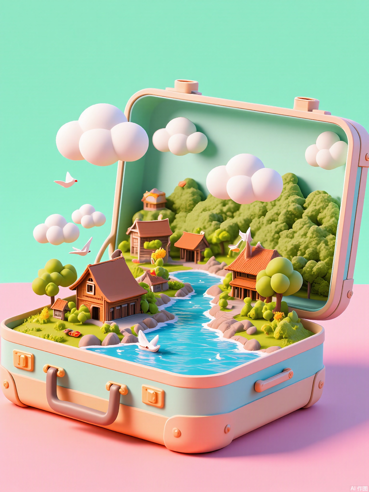 CYSJ,
A translucent acrylic suitcase shows a candy-colored jungle—gumdrop trees grow beside rivers of chocolate, gingerbread houses have licorice roofs, and cotton-candy clouds rain sprinkles onto marshmallow hills under a mint-green sky.
