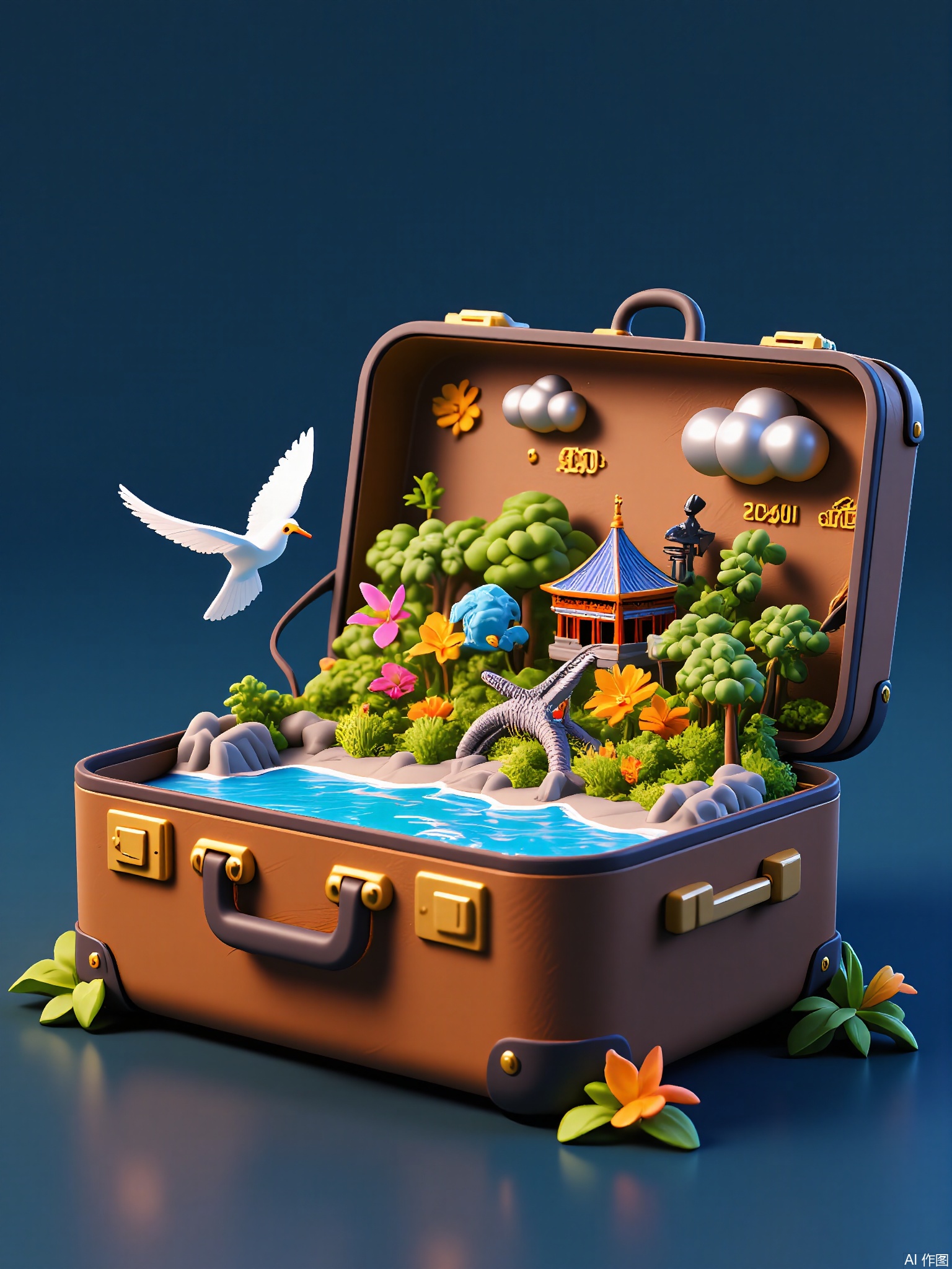 CYSJ,
A metallic suitcase with circuit-board patterns reveals a cybernetic jungle—mechanical vines entwine around neon-lit trees, robotic parrots squawk from metallic branches, and a hovering drone pollinates glowing orchids under a data-stream sky.
