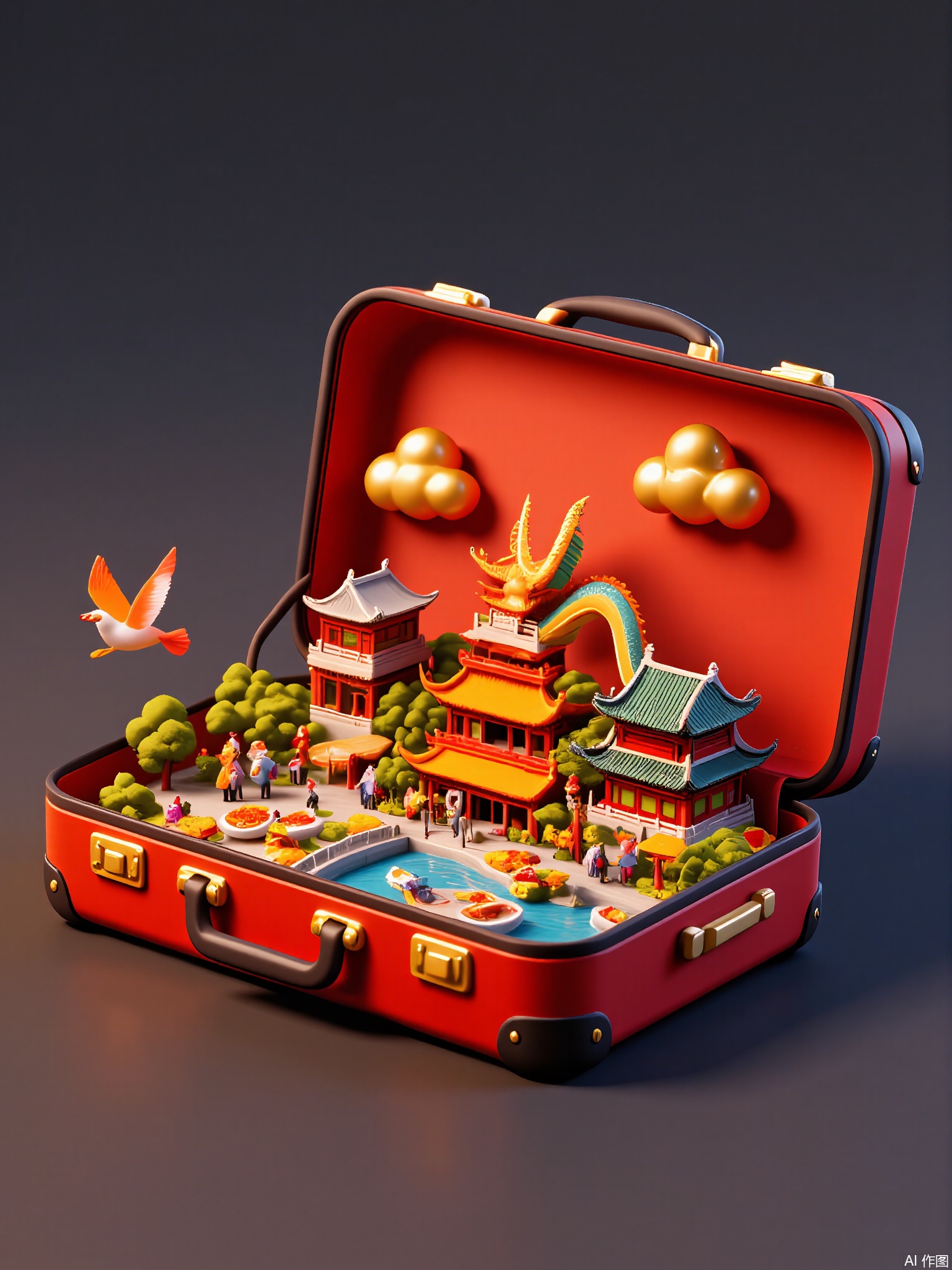 CYSJ,
A glossy red suitcase with golden latches contains a bustling Asian night market—paper lanterns glow above food stalls, a dragon kite dances in the wind, and crowds in silk robes sample skewers over streets paved with glowing tiles.

