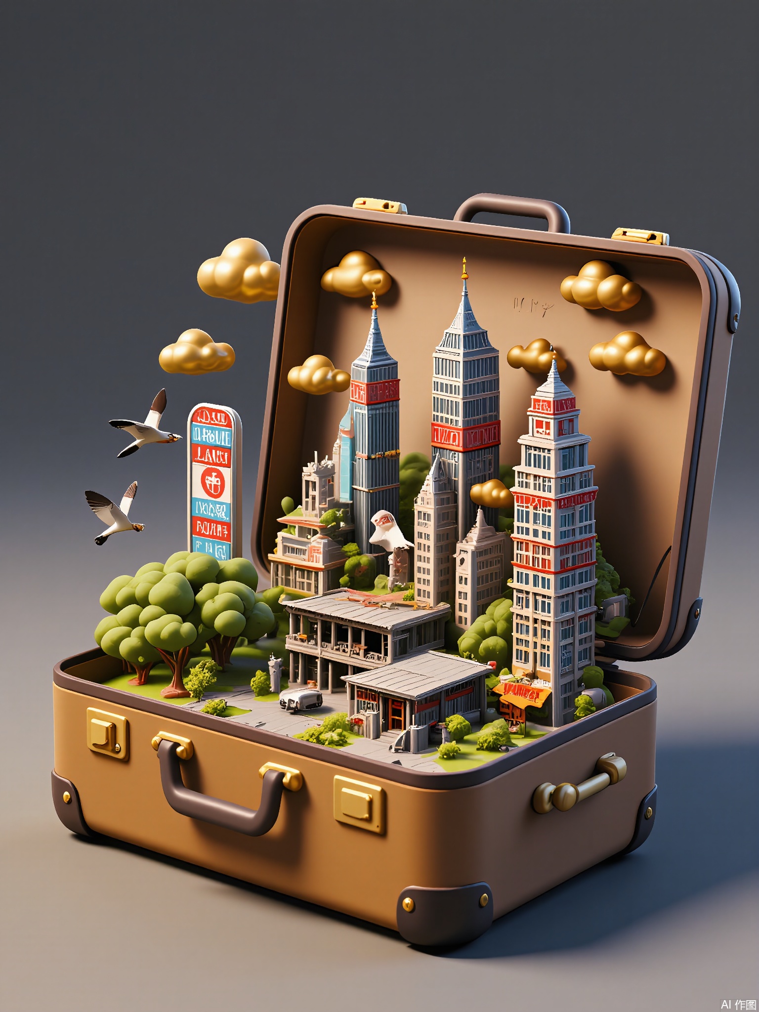 CYSJ,
A rusted metal suitcase with graffiti art holds a post-apocalyptic wasteland—overgrown vines claw through crumbling skyscrapers, a robot dog scavenges near a flickering neon sign, and dust swirls around a derelict gas station under a charcoal-gray sky.
