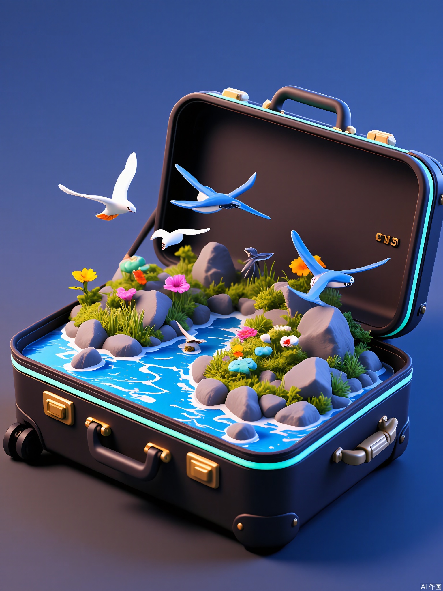 CYSJ,
A sleek carbon-fiber suitcase with neon trim frames a futuristic garden—bioluminescent flowers pulse in rhythm, crystal-clear streams trickle over geometric rocks, and translucent jellyfish-like drones float through air filled with floating pollen particles.
