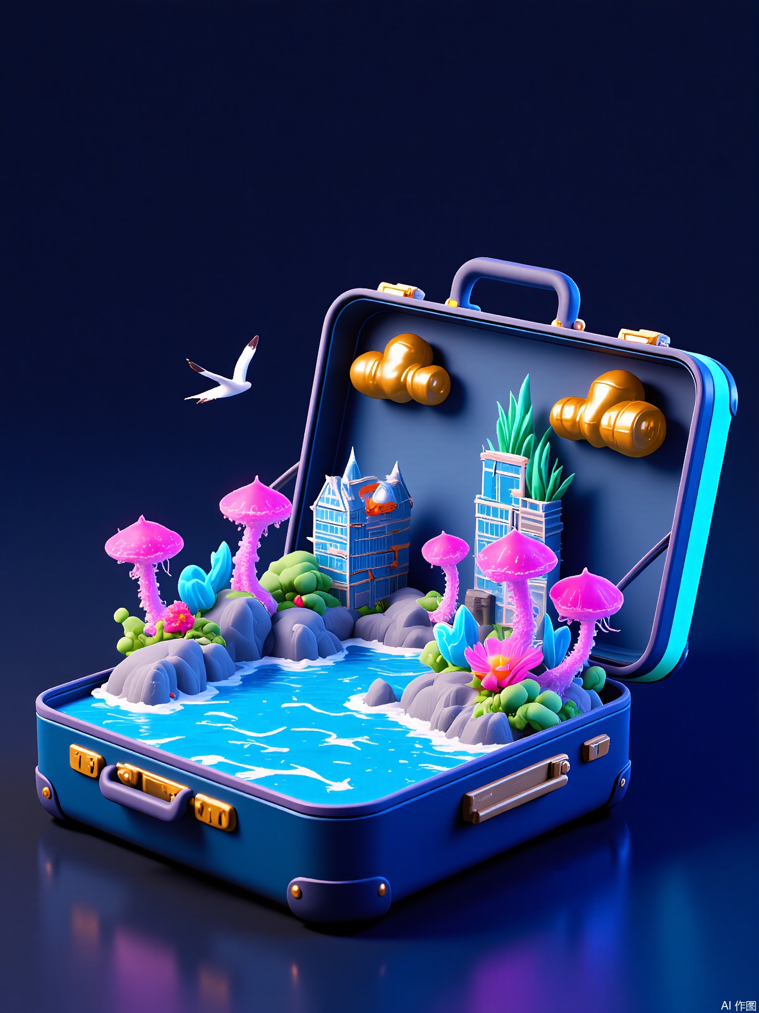 CYSJ,
A sleek carbon-fiber suitcase with neon trim holds a bioluminescent cave—crystal formations glow in aquamarine and violet, a translucent jellyfish-like creature floats through underground pools, and stalactites drip into a subterranean lake.
