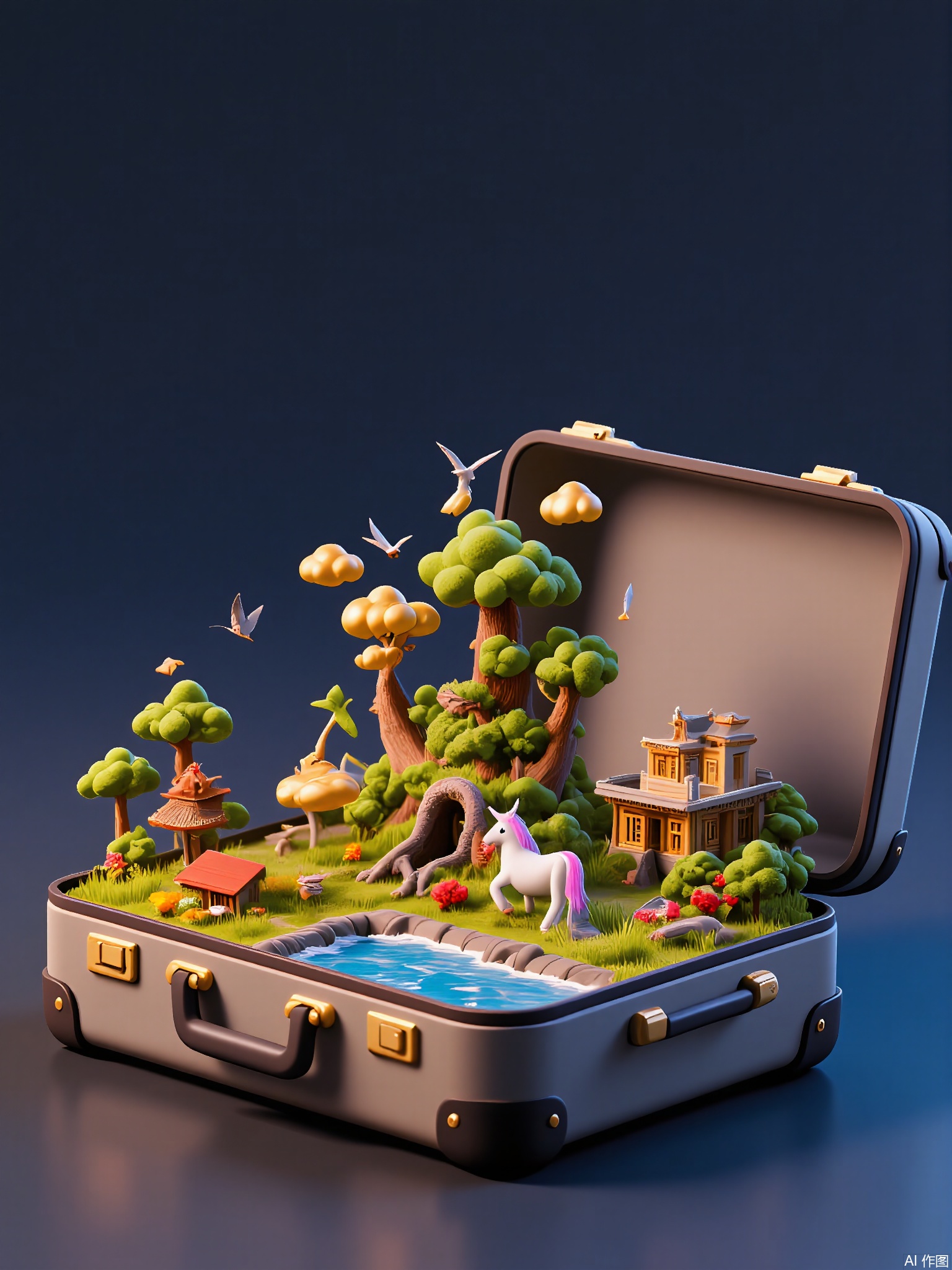 CYSJ,
A tarnished silver suitcase holds an enchanted forest at dusk—glowing mushrooms dot mossy ground, a unicorn dips its horn into a silver pond, and fireflies trace patterns around twisted trees with bark like dragon scales.
