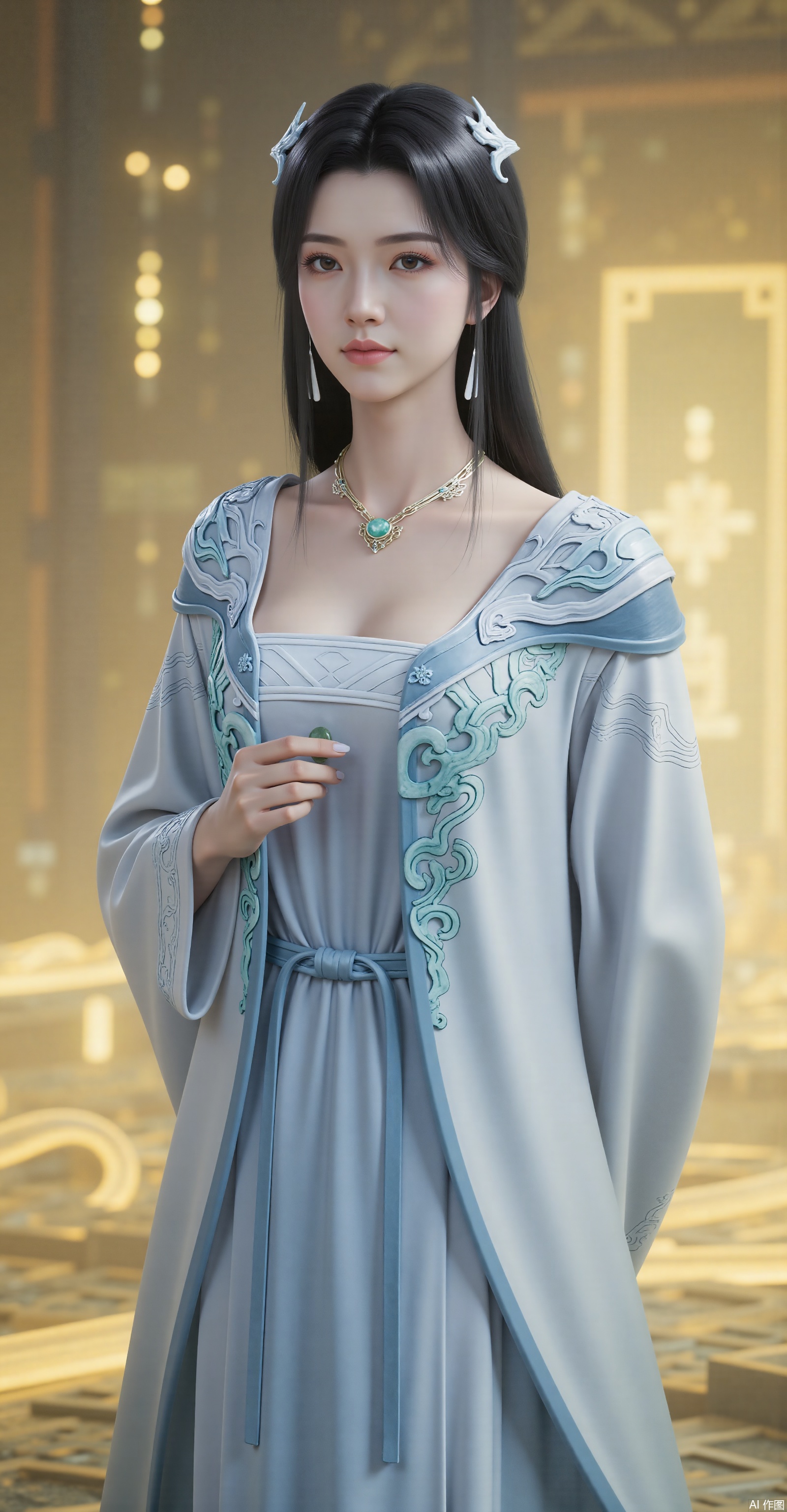 A serene and elegant Oriental woman with long, flowing raven hair cascading down, adorned with a silver-threaded plum blossom hairpin and pearl tassels in her locks. Her delicate porcelain-like face features eyebrows like distant mountains and downcast eyes brimming with the charm of autumn waters. A silver璎珞(necklace) adorns her neck, with a green jade pendant at its center. She wears a sky-blue cross-collar ruqun (traditional Chinese upper garment and skirt), the衣襟(lapels) and cuffs embroidered with blue-green twining branch patterns, and a semi-transparent绡纱(silk gauze) shawl draped over her shoulders. Her right hand gently touches a jade pendant at her chest, while her left hand falls naturally. The background is渲染(rendered) with a hazy warm yellow glow, as if candlelight filters through gauze curtains, and the faint outline of an ink-washed screen is visible in the distance. The painting employs meticulous gongbi heavy-color techniques, with 8K ultra-clear details, emphasizing the texture of silk, silver ornaments, and jade. The main colors are sky blue and moon white, accented with warm orange glows and emerald green patterns.