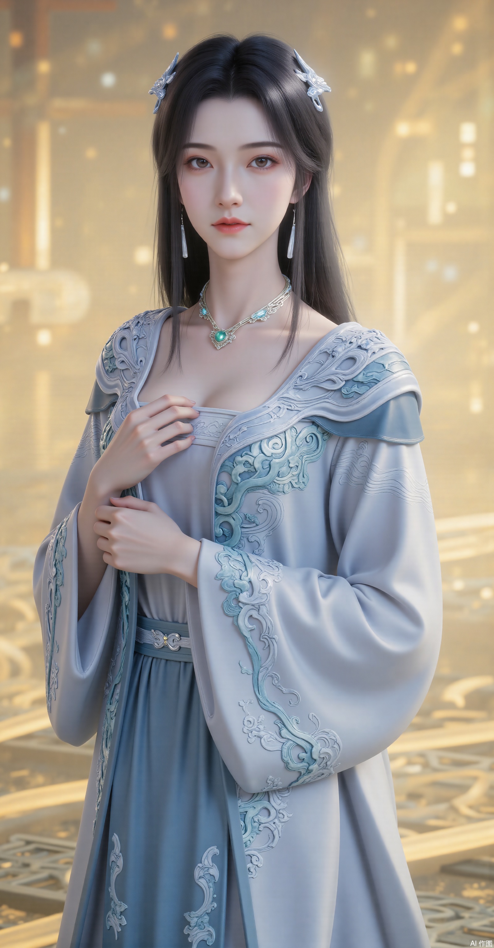 A serene and elegant Oriental woman with long, flowing raven hair cascading down, adorned with a silver-threaded plum blossom hairpin and pearl tassels in her locks. Her delicate porcelain-like face features eyebrows like distant mountains and downcast eyes brimming with the charm of autumn waters. A silver璎珞(necklace) adorns her neck, with a green jade pendant at its center. She wears a sky-blue cross-collar ruqun (traditional Chinese upper garment and skirt), the衣襟(lapels) and cuffs embroidered with blue-green twining branch patterns, and a semi-transparent绡纱(silk gauze) shawl draped over her shoulders. Her right hand gently touches a jade pendant at her chest, while her left hand falls naturally. The background is渲染(rendered) with a hazy warm yellow glow, as if candlelight filters through gauze curtains, and the faint outline of an ink-washed screen is visible in the distance. The painting employs meticulous gongbi heavy-color techniques, with 8K ultra-clear details, emphasizing the texture of silk, silver ornaments, and jade. The main colors are sky blue and moon white, accented with warm orange glows and emerald green patterns.