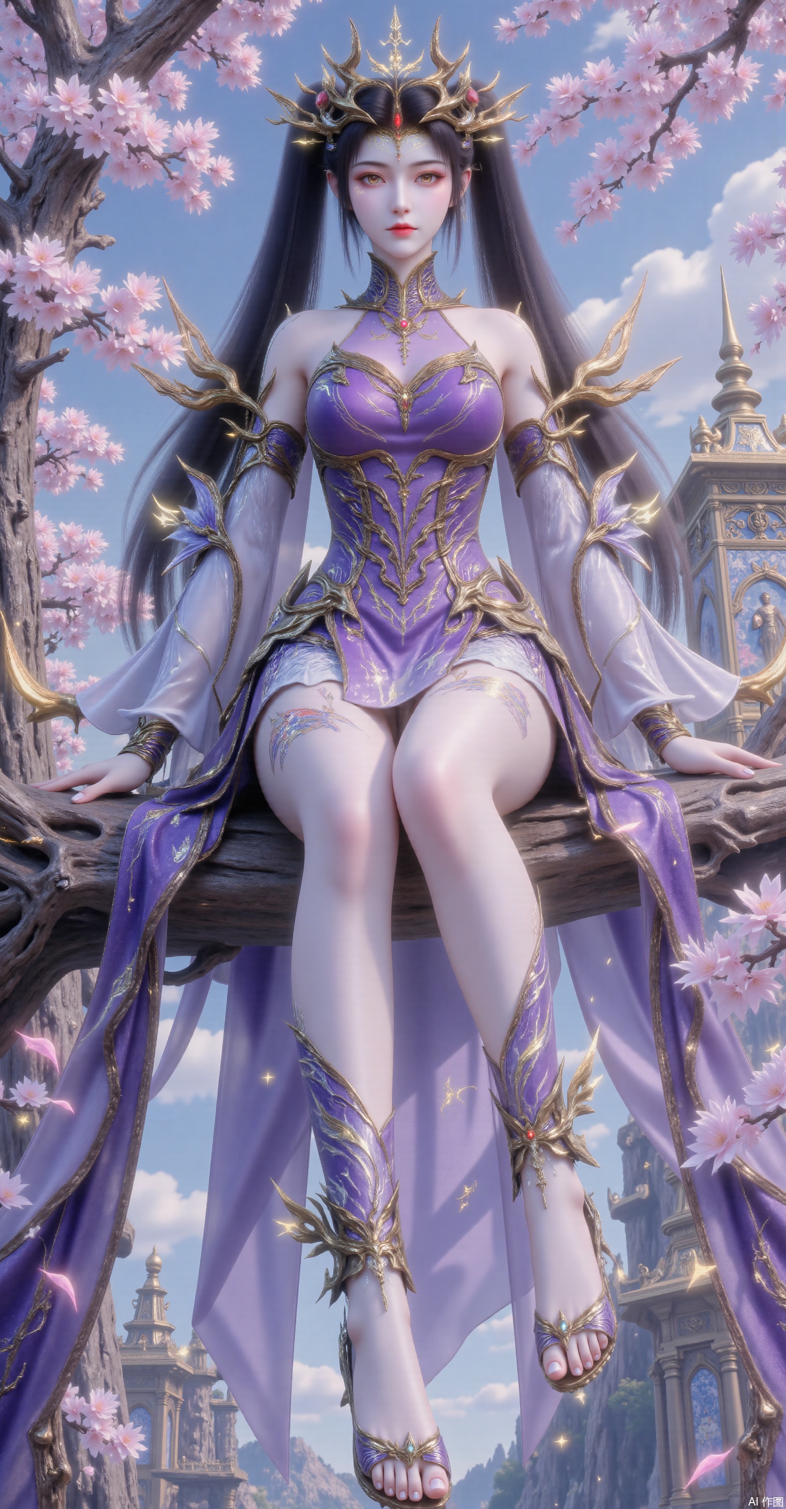 A full-body portrait of a majestic dark-haired fantasy queen with double ponytails, wearing an elaborate golden crown and a cold, elegant expression. She dons a华丽(gorgeous) purple-gold armor accented with light blue, featuring highly detailed embroidery and fantasy motifs. The background is an outdoor scene with architecture, where she sits on a cherry blossom tree branch, showcasing her long, slender legs fully exposed and clad in high heels. Ultra-realistic 8K rendering.