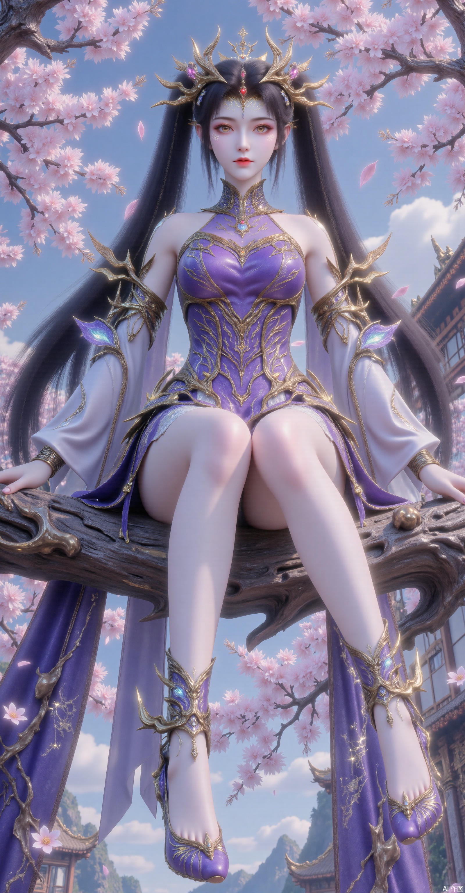 A full-body portrait of a majestic dark-haired fantasy queen with double ponytails, wearing an elaborate golden crown and a cold, elegant expression. She dons a华丽(gorgeous) purple-gold armor accented with light blue, featuring highly detailed embroidery and fantasy motifs. The background is an outdoor scene with architecture, where she sits on a cherry blossom tree branch, showcasing her long, slender legs fully exposed and clad in high heels. Ultra-realistic 8K rendering.