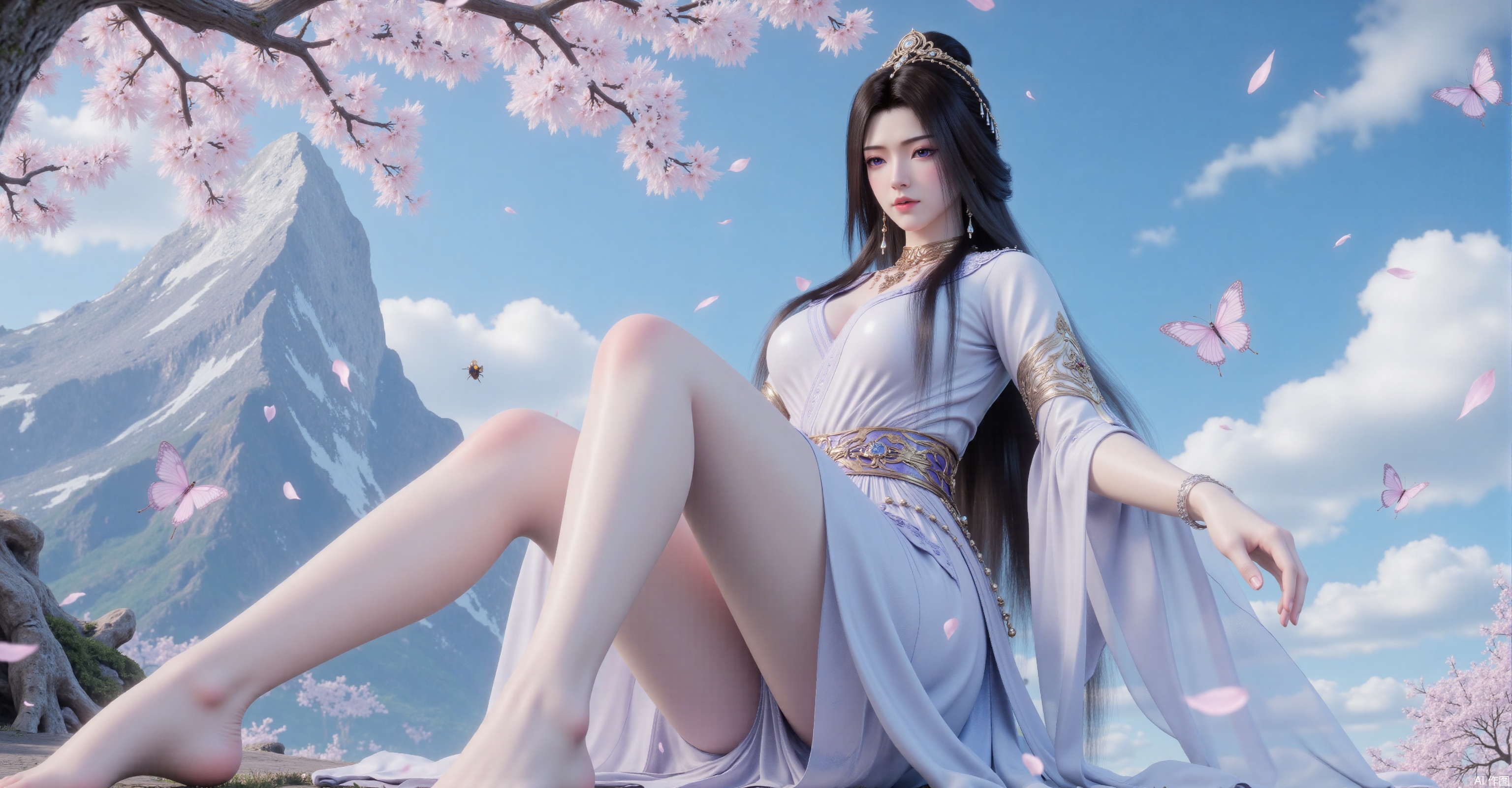(Best quality, realistic style, 8K resolution, masterpiece, - hair,top quality, Indol,anon,BaROQUE,lengyu,sheya ,Ultra clear, wallpaper, 8k, Masterpiece, the best quality, high quality, (colorful) , Ultra clear, wallpaper, 8k, masterpiece, 1girl, solo,  long hair, hair ornament, dress, jewelry, sitting, full body, flower, earrings, sky, cloud, dress, tree, blue sky, bare legs, bug, cherry blossoms, butterfly, mountain, branch, falling petalsplns,huaxiangr,silk,magnificent,embossed,cleavage,huge Breasts,right leg fully extended, left knee bent 90°, barefoot close-up, toes slightly upturned, diagonal composition, low-angle shot, accentuated foot arch,shenjiao