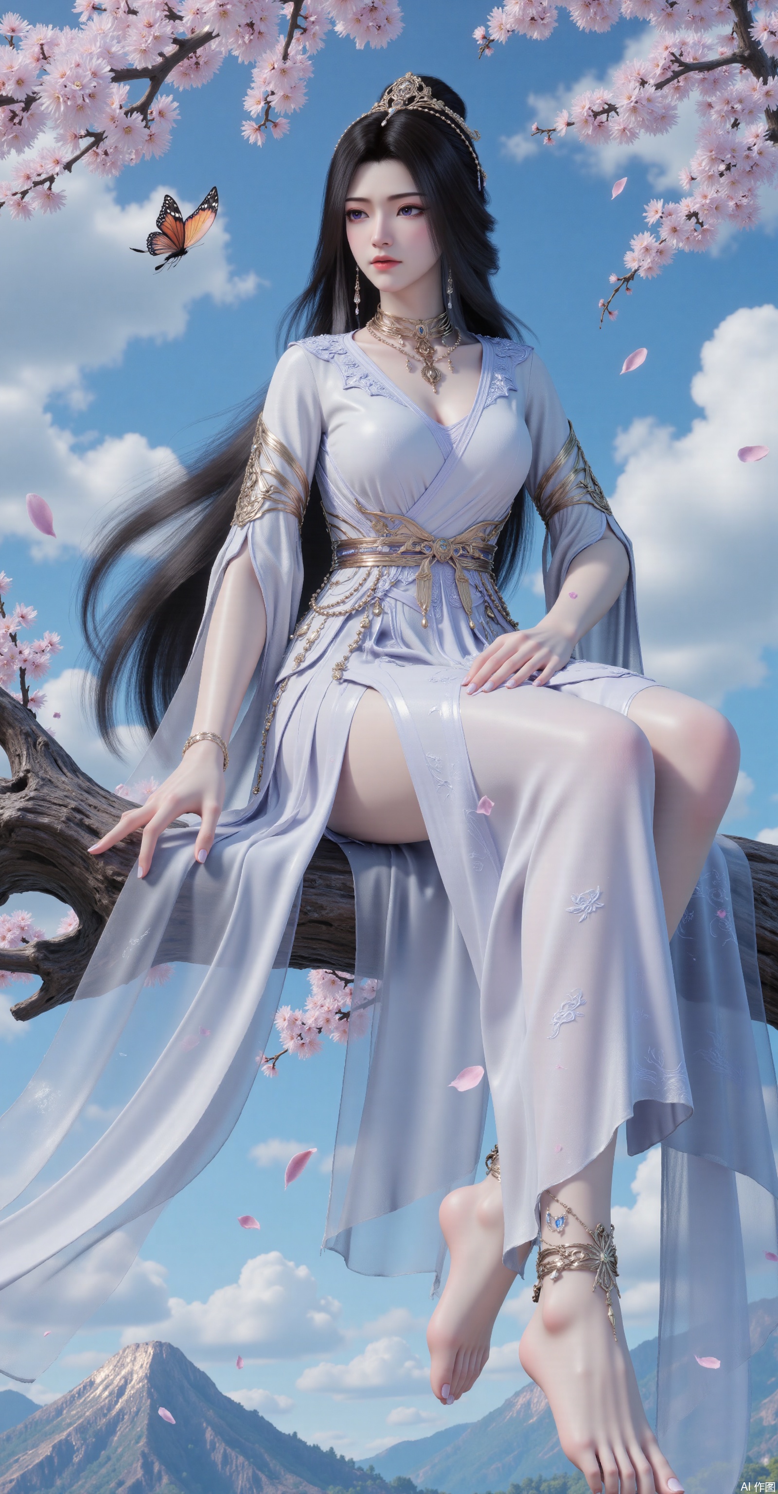 (Best quality, realistic style, 8K resolution, masterpiece, - hair,top quality, Indol,anon,BaROQUE,lengyu,sheya ,Ultra clear, wallpaper, 8k, Masterpiece, the best quality, high quality, (colorful) , Ultra clear, wallpaper, 8k, masterpiece, 1girl, solo,  long hair, hair ornament, dress, jewelry, sitting, full body, flower, earrings, sky, cloud, dress, tree, blue sky, bare legs, bug, cherry blossoms, butterfly, mountain, branch, falling petalsplns,huaxiangr,silk,magnificent,embossed,cleavage,huge Breasts,right leg fully extended, left knee bent 90°, barefoot close-up, toes slightly upturned, diagonal composition, low-angle shot, accentuated foot arch,shenjiao