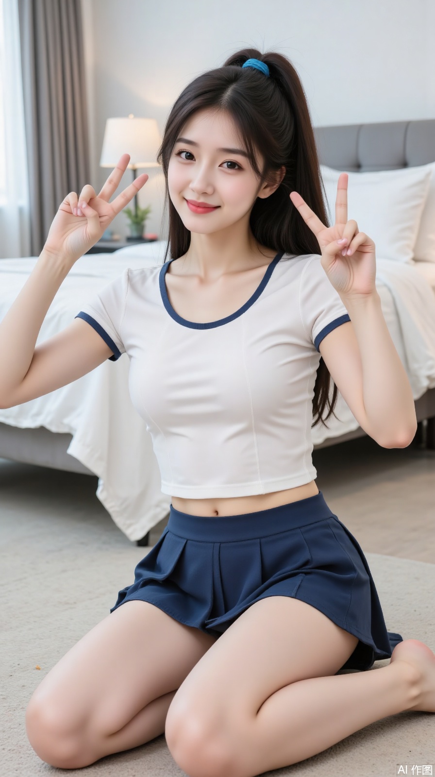 The image shows a young woman sitting on the floor in a bedroom. She is wearing a white short-sleeved top with blue trim and a blue pleated skirt. Her hair is tied into a ponytail with a blue hair tie. She is making a peace sign with both hands, and her expression is cheerful. In the background, there is a bed with white bedding and a nightstand with a lamp. The room appears to be well-lit and tidy.
