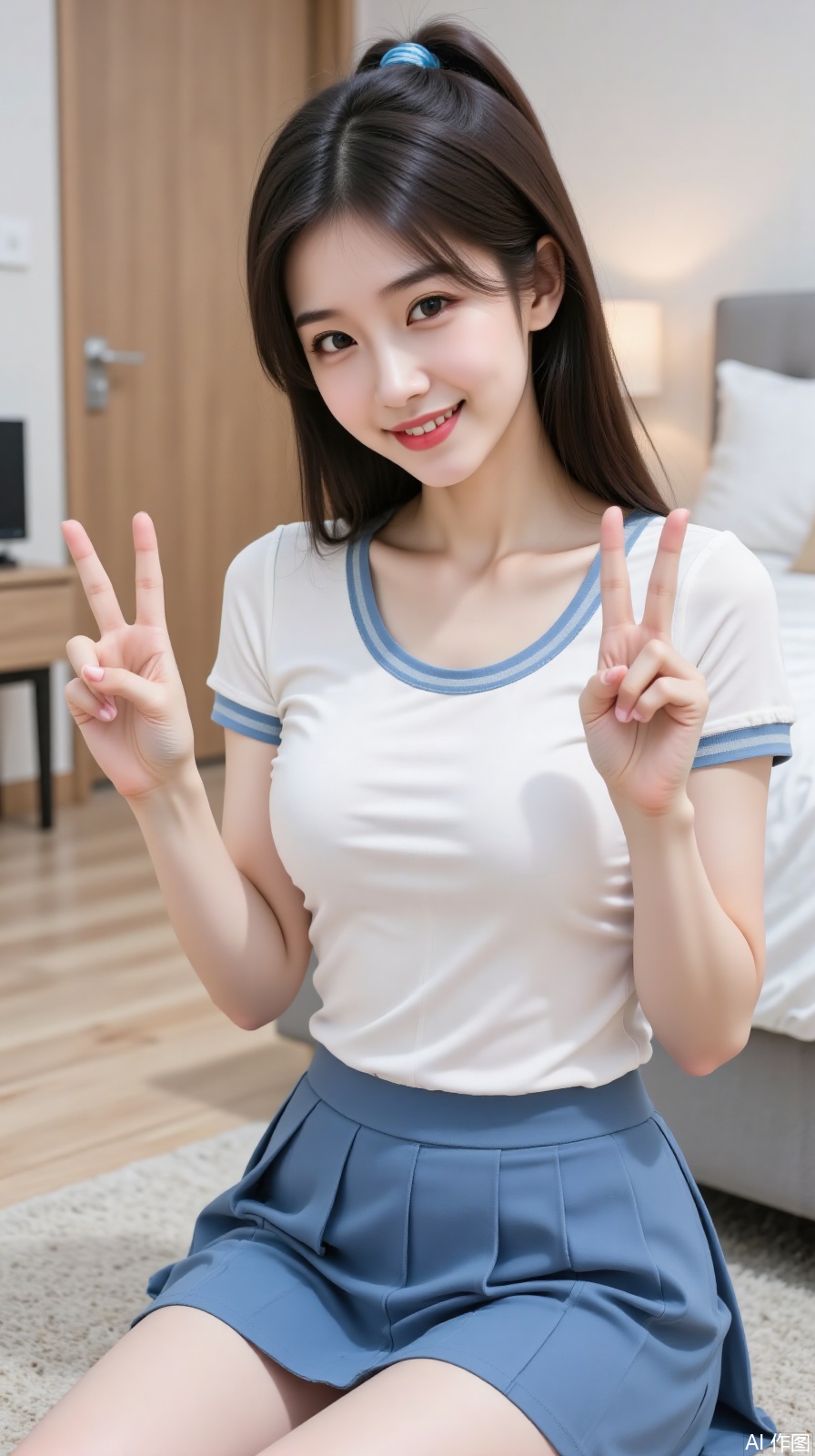 The image shows a young woman sitting on the floor in a bedroom. She is wearing a white short-sleeved top with blue trim and a blue pleated skirt. Her hair is tied into a ponytail with a blue hair tie. She is making a peace sign with both hands, and her expression is cheerful. In the background, there is a bed with white bedding and a nightstand with a lamp. The room appears to be well-lit and tidy.
