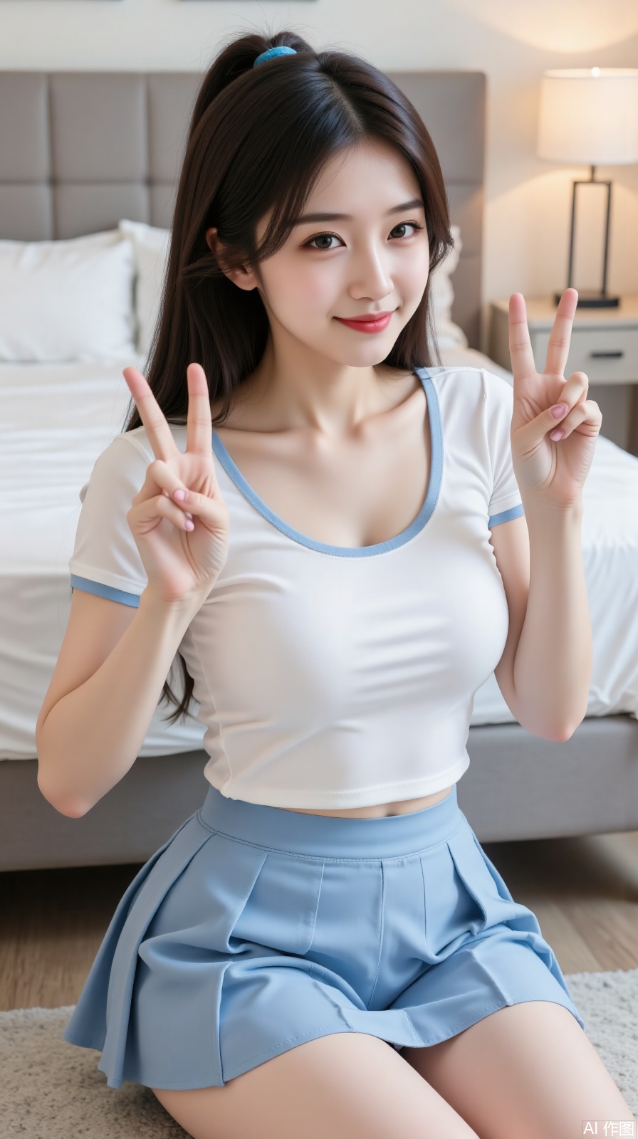 The image shows a young woman sitting on the floor in a bedroom. She is wearing a white short-sleeved top with blue trim and a blue pleated skirt. Her hair is tied into a ponytail with a blue hair tie. She is making a peace sign with both hands, and her expression is cheerful. In the background, there is a bed with white bedding and a nightstand with a lamp. The room appears to be well-lit and tidy.