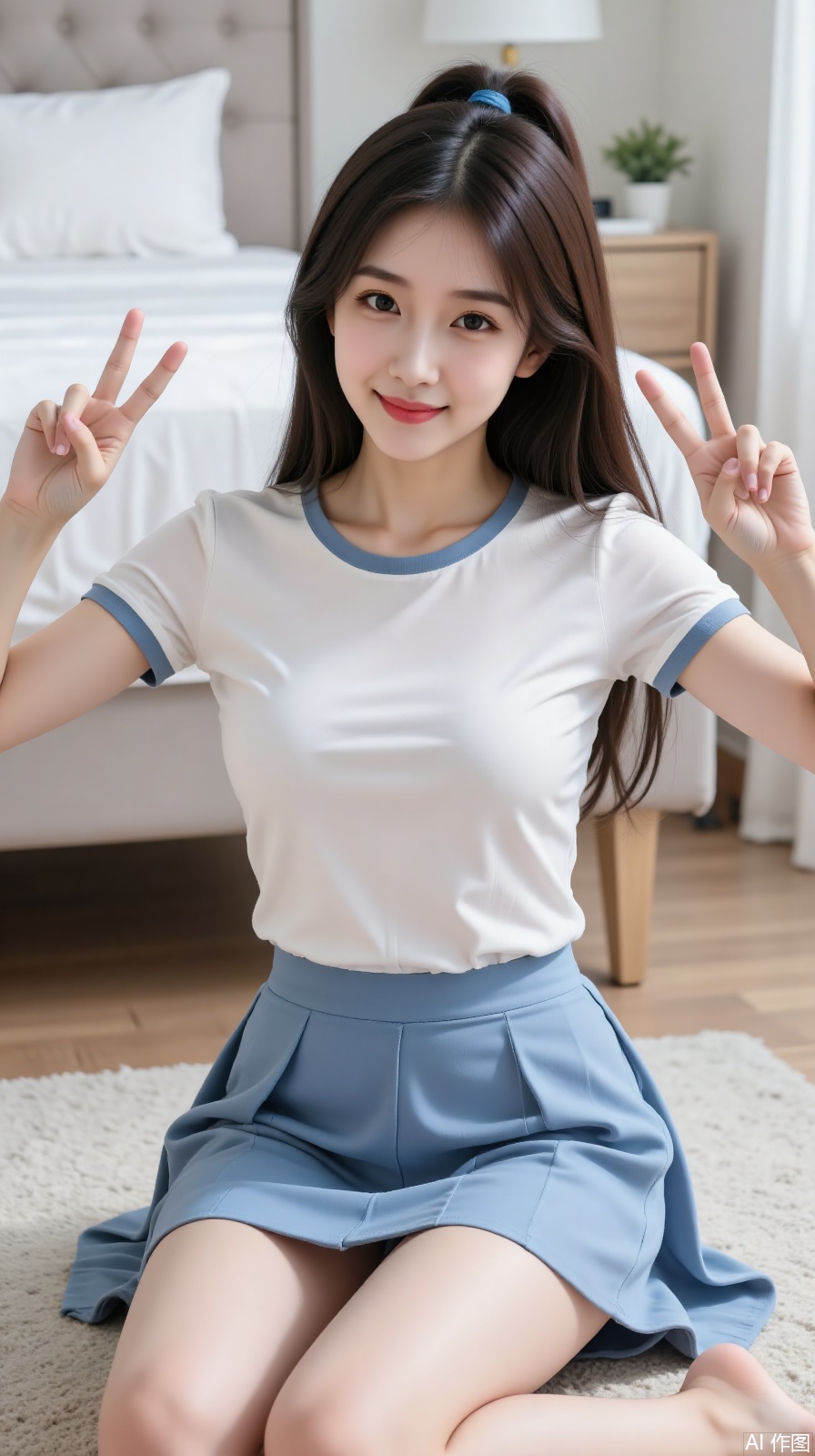 The image shows a young woman sitting on the floor in a bedroom. She is wearing a white short-sleeved top with blue trim and a blue pleated skirt. Her hair is tied into a ponytail with a blue hair tie. She is making a peace sign with both hands, and her expression is cheerful. In the background, there is a bed with white bedding and a nightstand with a lamp. The room appears to be well-lit and tidy.