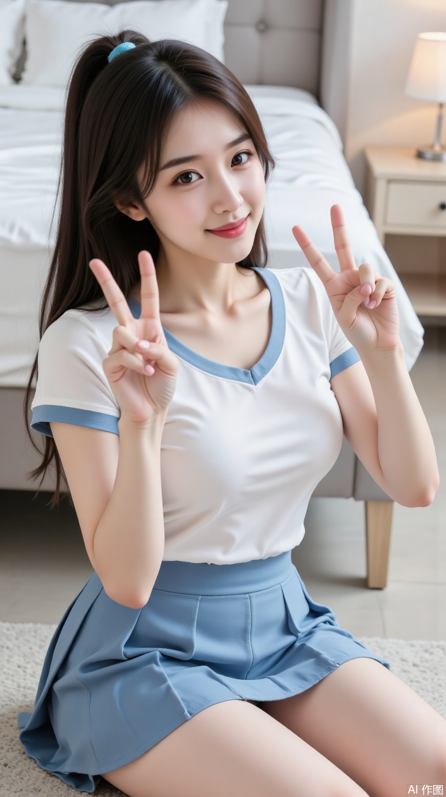 The image shows a young woman sitting on the floor in a bedroom. She is wearing a white short-sleeved top with blue trim and a blue pleated skirt. Her hair is tied into a ponytail with a blue hair tie. She is making a peace sign with both hands, and her expression is cheerful. In the background, there is a bed with white bedding and a nightstand with a lamp. The room appears to be well-lit and tidy.