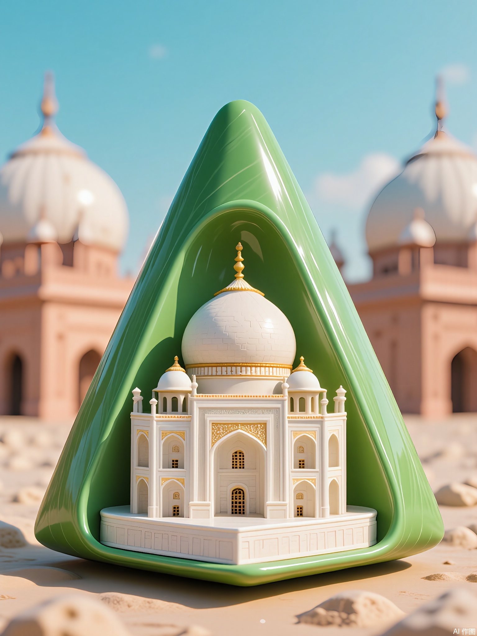 CYHB,
Photograph of a green, triangular-shaped container containing a micro-scale replica of the Taj Mahal, crafted from white porcelain with gold filigree accents. The model sits atop sand dunes, with the background softened into a haze of peach-toned domes and a cloudless azure sky. Bright side lighting accentuates the porcelain’s translucence.
