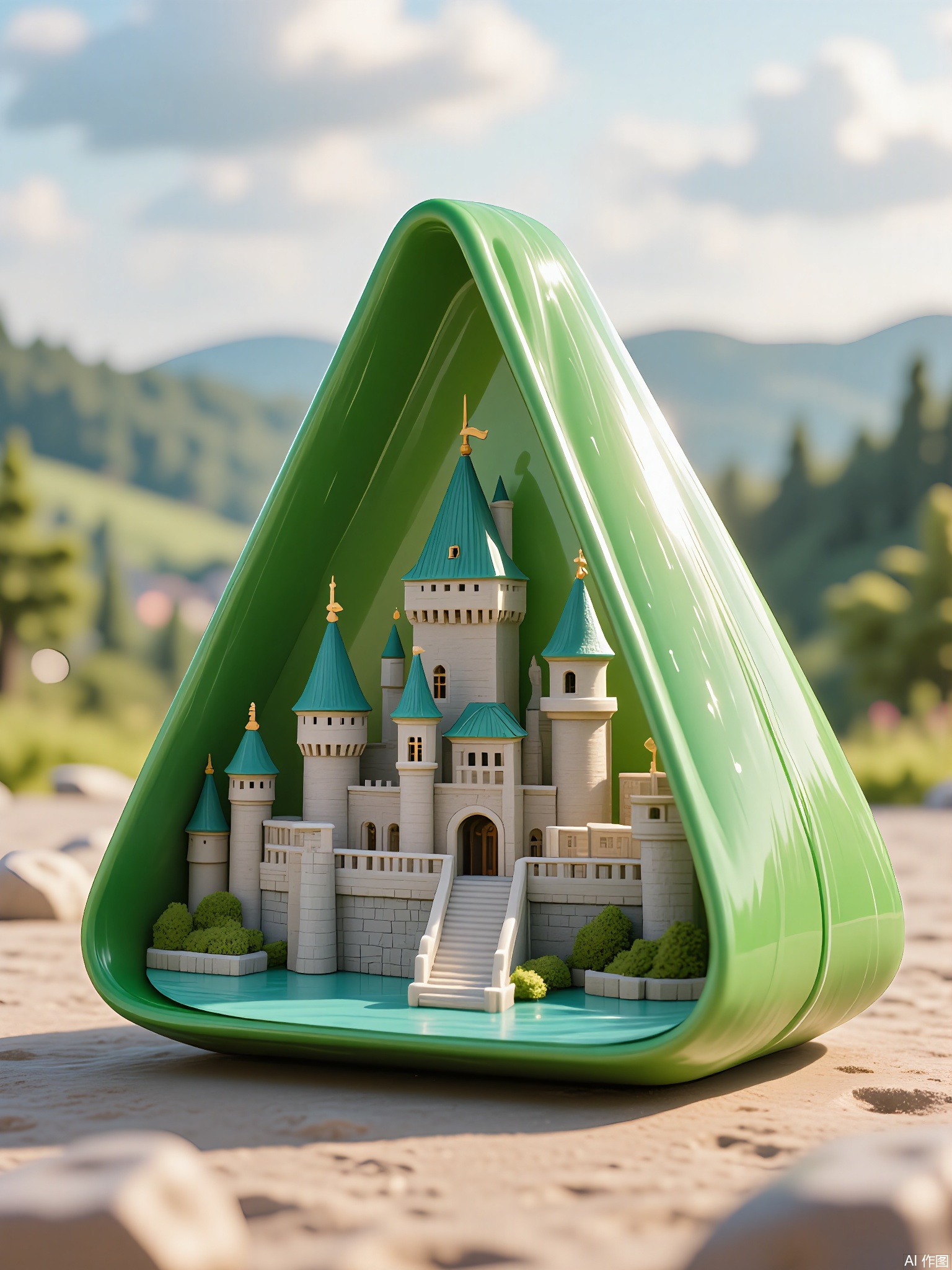 CYHB,
Photograph of a green, triangular-shaped container with a 3D-printed model of a medieval castle, featuring turrets, drawbridges, and stone texture details. The sandy surface mirrors the castle’s moat, while the background blurs into a haze of rolling green hills under a cloudy sky.
