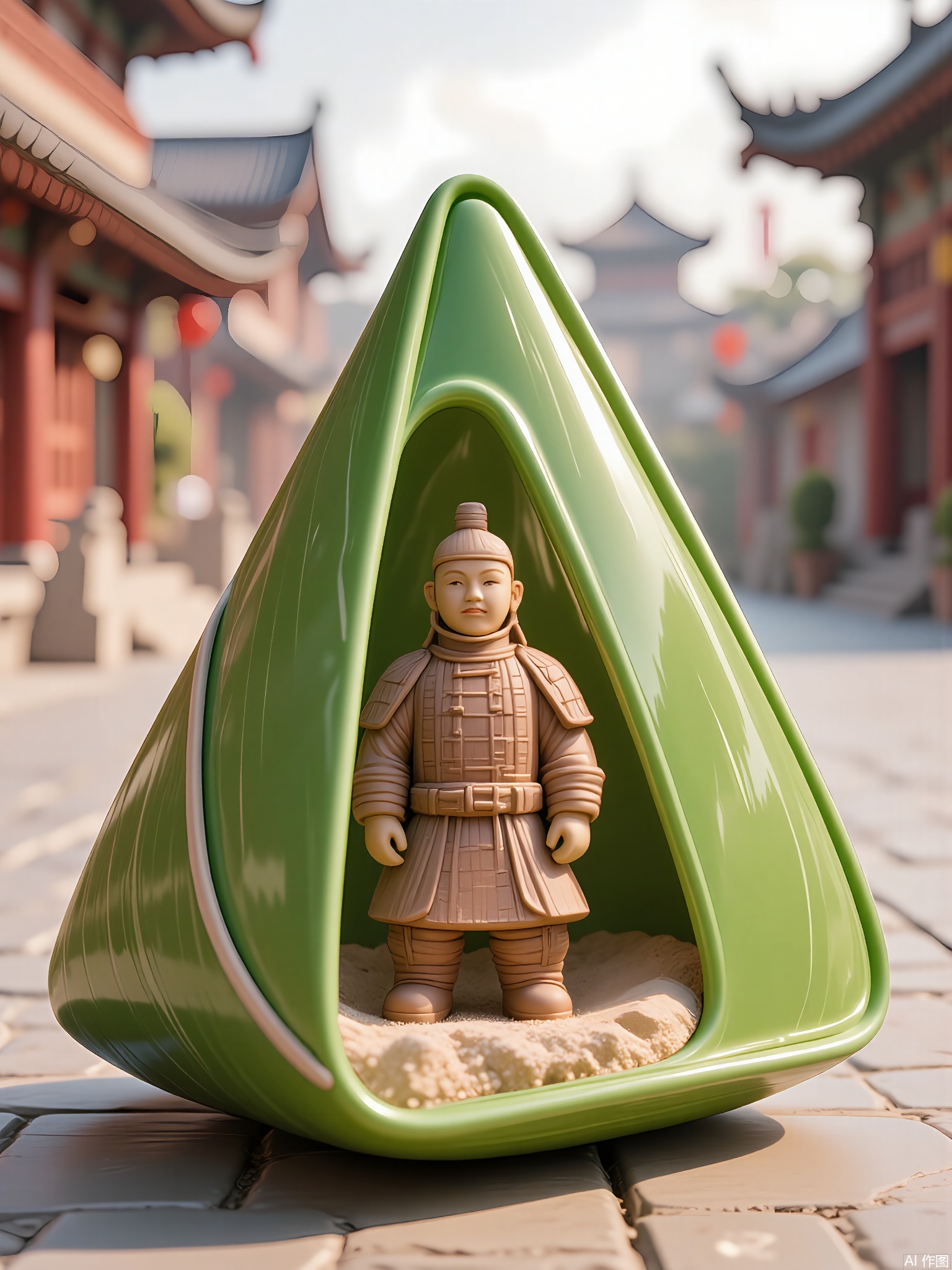 CYHB,
Photograph of a green, triangular-shaped container holding a miniature terracotta warrior figurine, its hand-painted details visible under a glossy resin coating. The sandy base contrasts with the figurine’s earthy tones, while the blurred background features faded murals of ancient Chinese landscapes under a hazy sky. Shallow focus highlights the warrior’s stoic expression.
