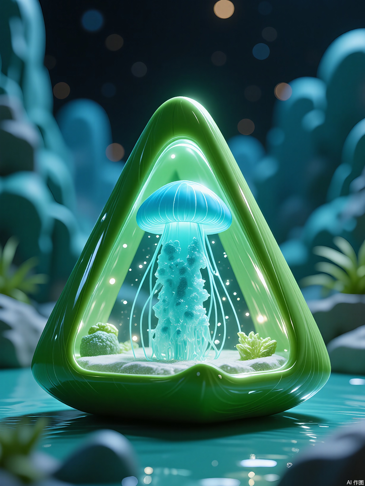 CYHB,
Photograph of a green, triangular-shaped container filled with a miniature bioluminescent jellyfish sculpture made of translucent blue resin. Tentacles cascade downward, glowing faintly under simulated moonlight. The sandy base reflects the sculpture’s light, while the background blurs into abstract waves of indigo and teal.
