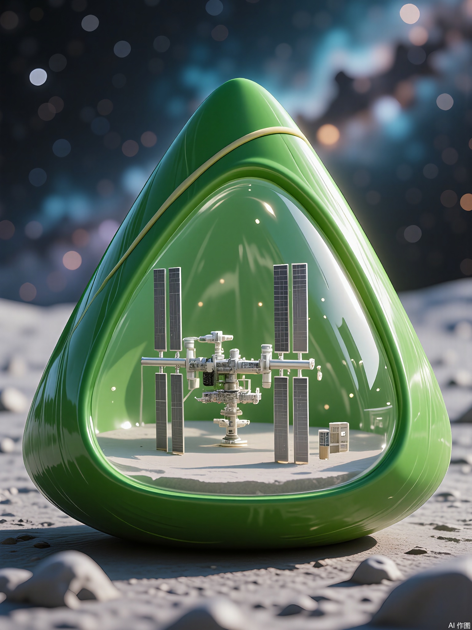 CYHB,
Photograph of a green, triangular-shaped container filled with a micro-model of the International Space Station, its solar panels and docking ports rendered in silver plastic. The sandy base mimics lunar regolith, and the background blurs into a swirl of deep space nebulae under starry darkness.
