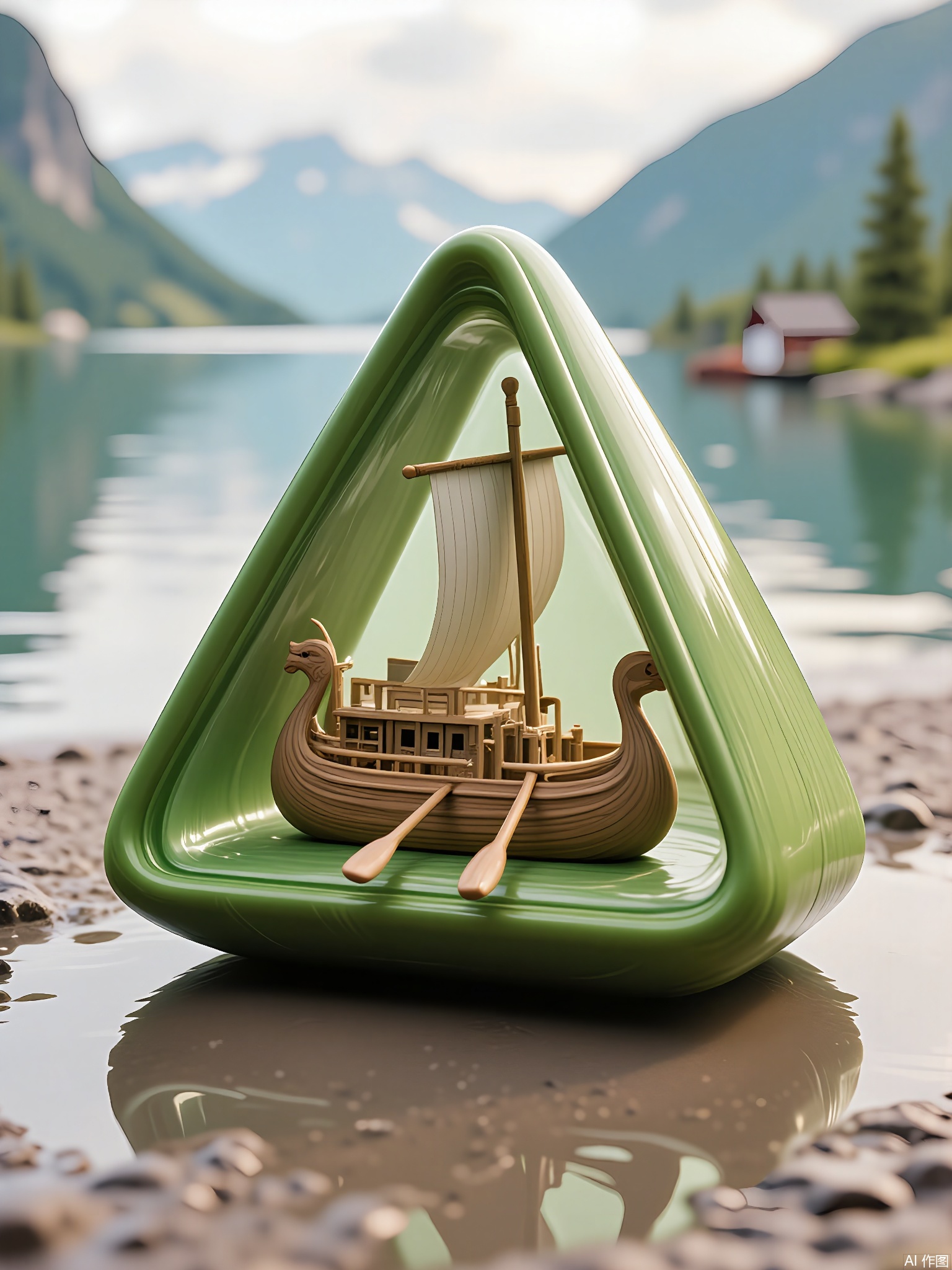CYHB,
Photograph of a green, triangular-shaped container with a tiny, intricately carved wooden model of a Viking longship. The vessel’s oars, dragon-headed prow, and woven sails are meticulously detailed. The sandy surface mirrors the ship’s curves, and the background blurs into a misty Nordic fjord under diffused daylight.

