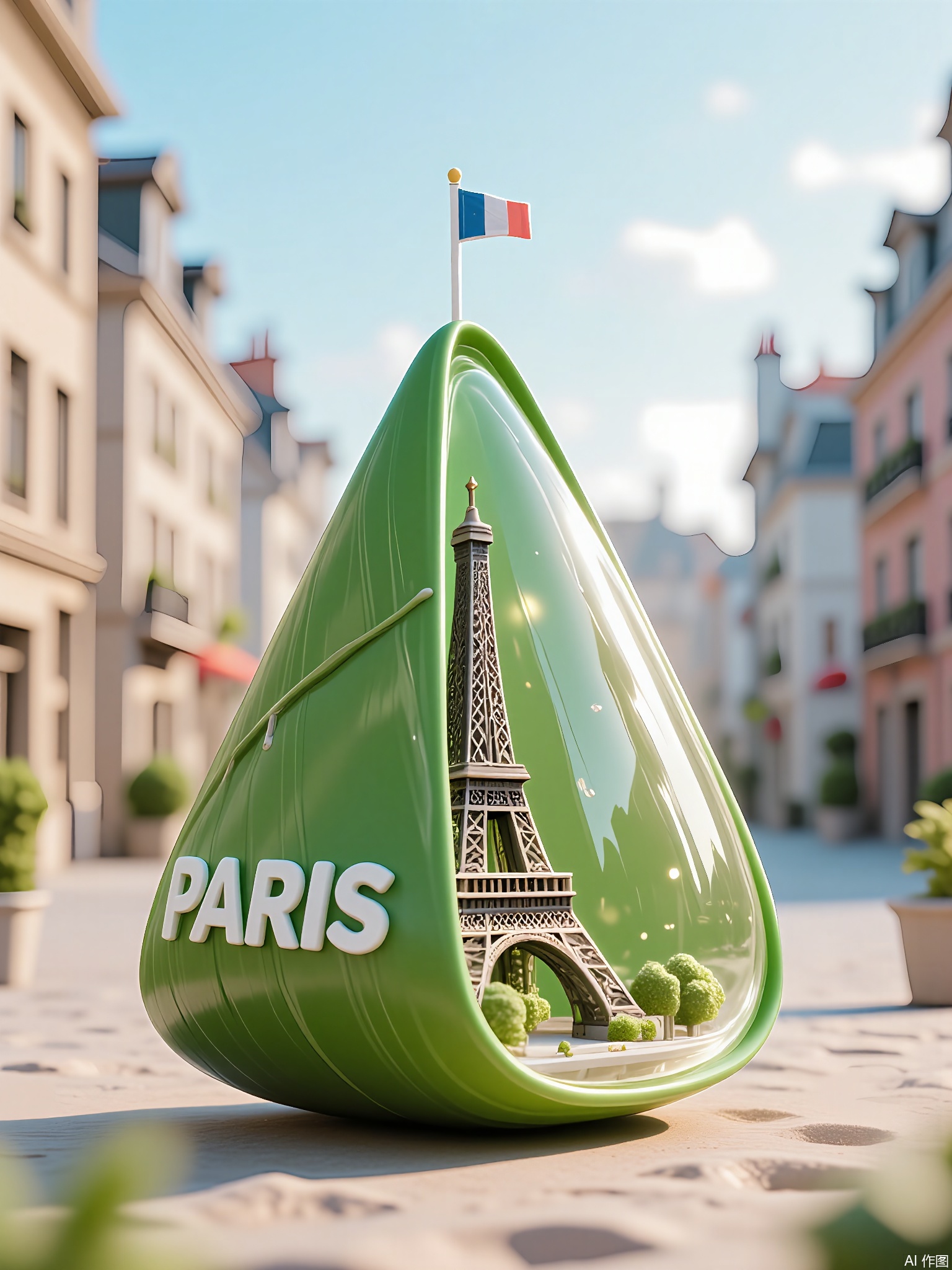 CYHB,
Photograph of a green, triangular-shaped container filled with a small, detailed 3D-printed model of the Eiffel Tower. The miniature structure includes latticework details and a tiny French flag at the top. The container rests on sandy terrain with blurred, pastel-colored apartment buildings and a gradient blue sky in the background. Soft natural light creates gentle shadows, with a shallow depth of field emphasizing the model’s precision.

