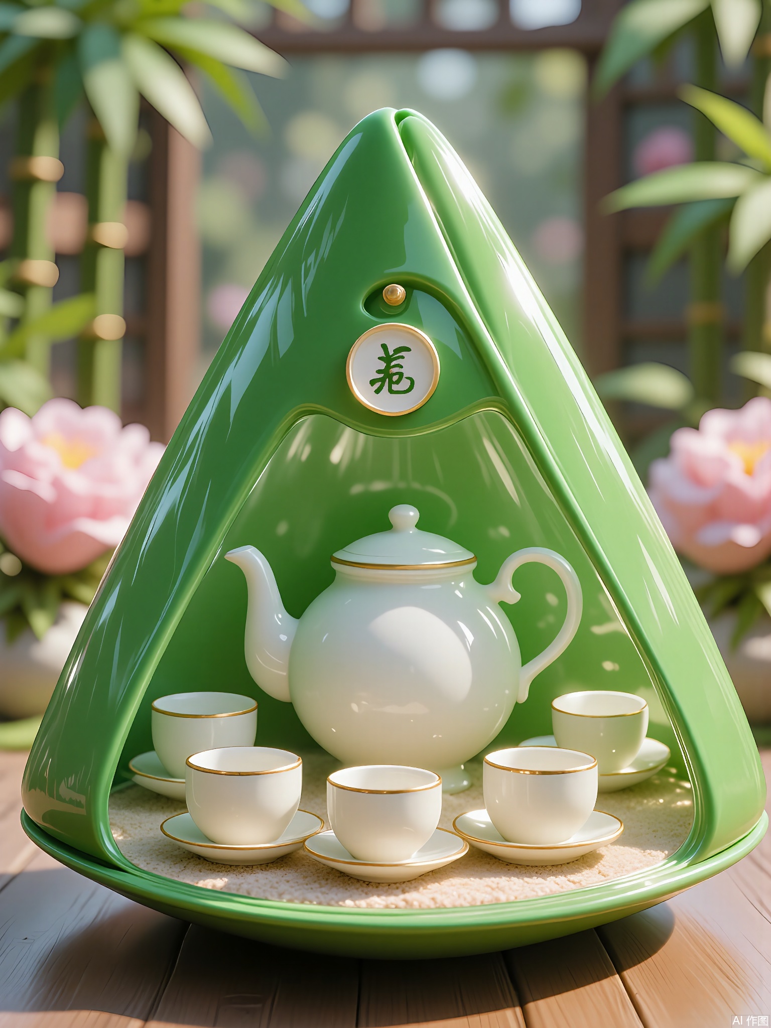 CYHB,
Photograph of a green, triangular-shaped container holding a miniature porcelain tea set, complete with a tiny teapot, cups, and saucers arranged on a sand-textured base. The background fades into a blurred garden of peonies and bamboo under soft midday light.
