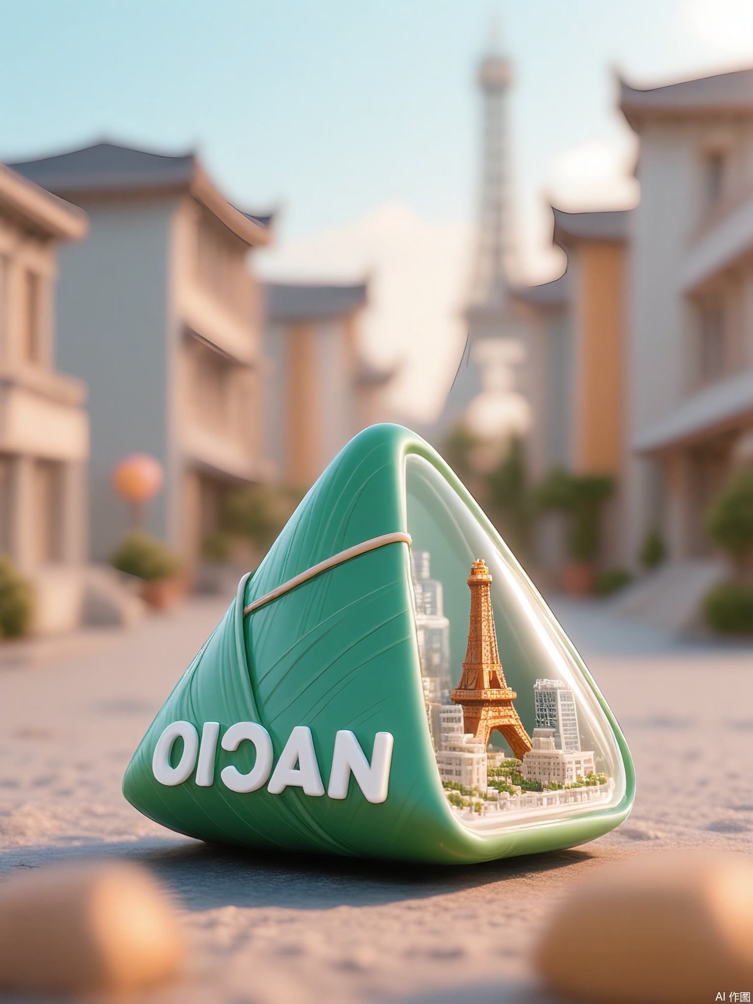CYHB, Photograph of a green, triangular-shaped container filled with a small, detailed 3D-printed model of the Eiffel Tower. The miniature structure includes latticework details and a tiny French flag at the top. The container rests on sandy terrain with blurred, pastel-colored apartment buildings and a gradient blue sky in the background. Soft natural light creates gentle shadows, with a shallow depth of field emphasizing the model’s precision.

