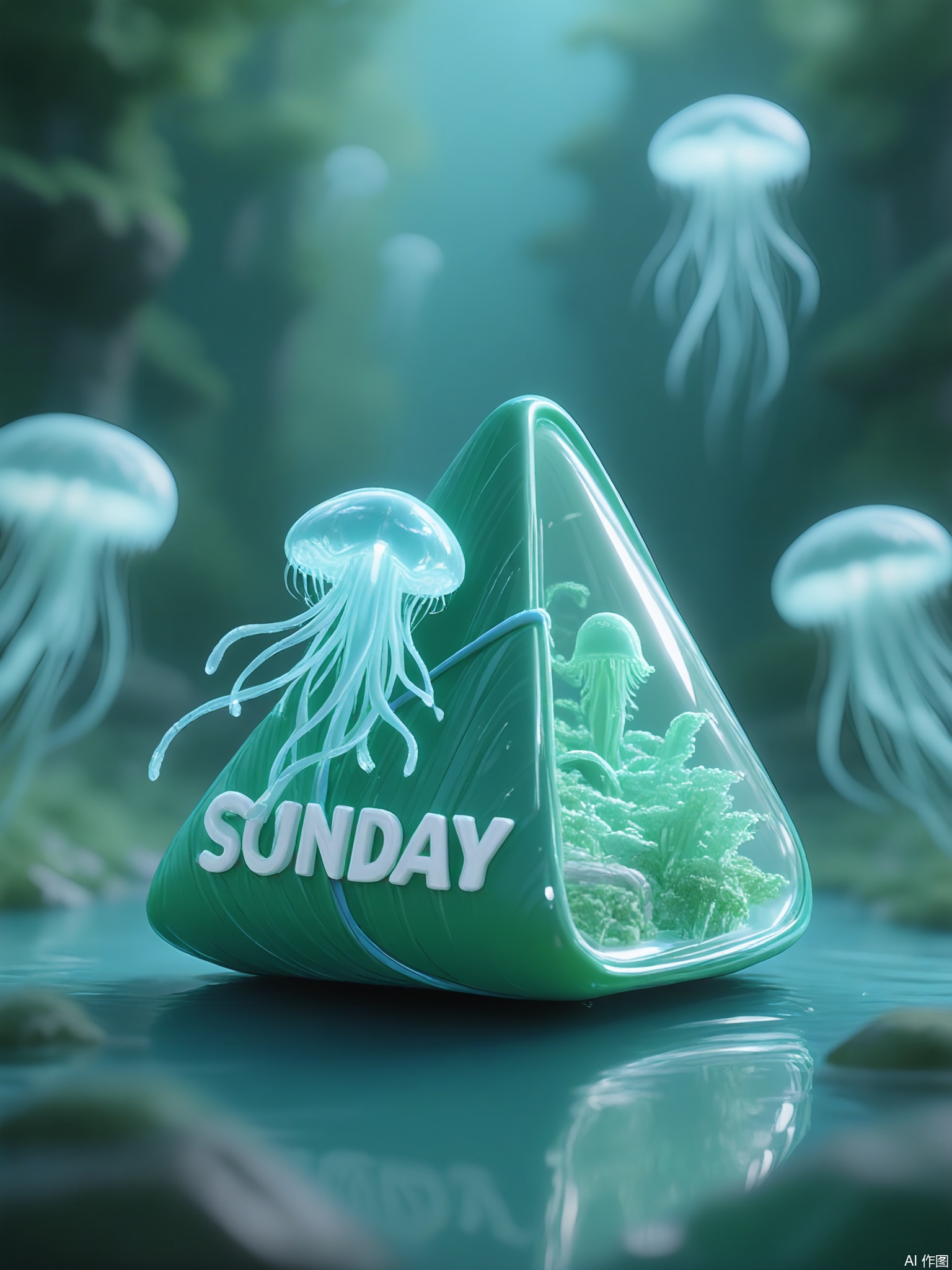 CYHB, Photograph of a green, triangular-shaped container filled with a miniature bioluminescent jellyfish sculpture made of translucent blue resin. Tentacles cascade downward, glowing faintly under simulated moonlight. The sandy base reflects the sculpture’s light, while the background blurs into abstract waves of indigo and teal.

