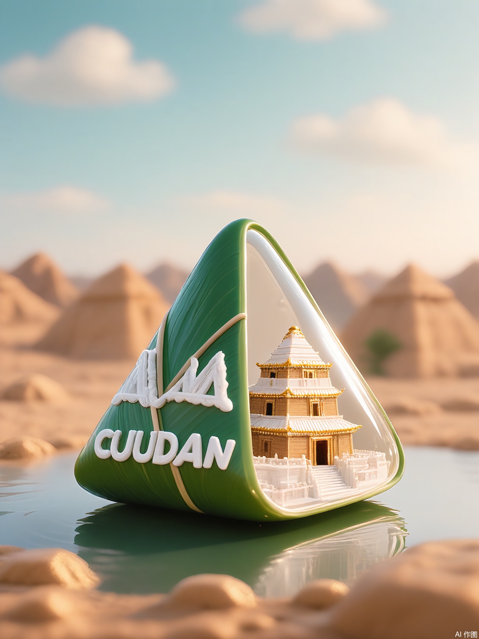 CYHB, Photograph of a green, triangular-shaped container containing a micro-scale replica of the Taj Mahal, crafted from white porcelain with gold filigree accents. The model sits atop sand dunes, with the background softened into a haze of peach-toned domes and a cloudless azure sky. Bright side lighting accentuates the porcelain’s translucence.

