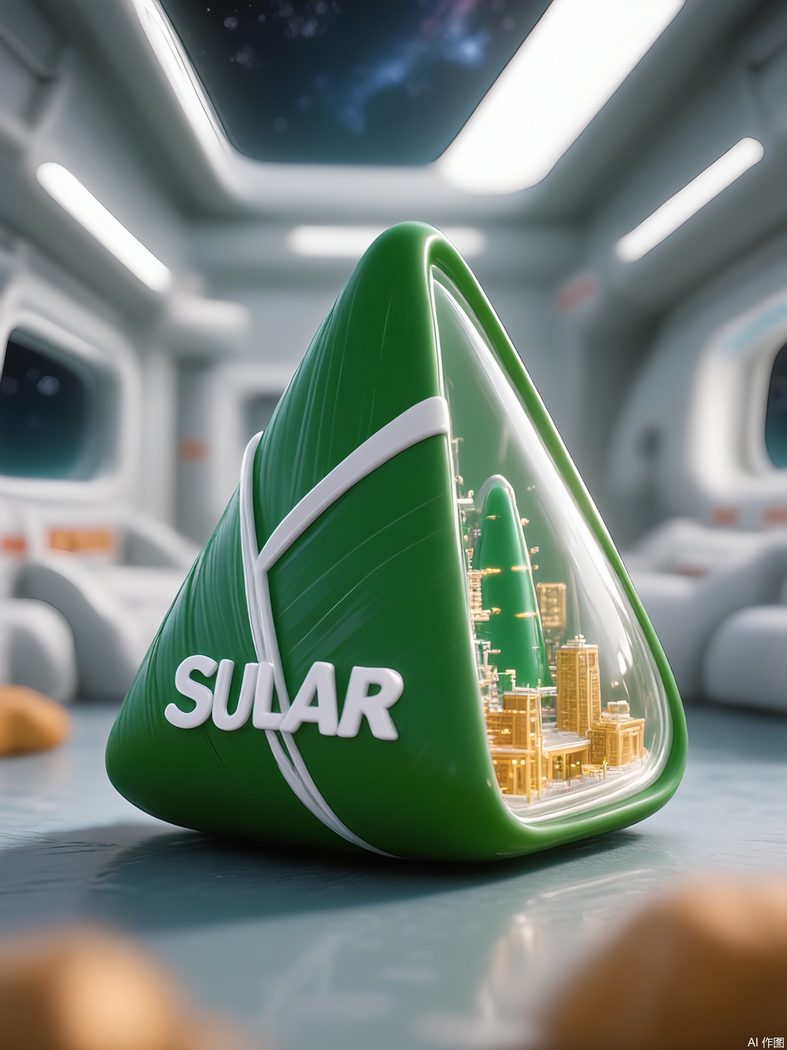 CYHB, Photograph of a green, triangular-shaped container filled with a micro-model of the International Space Station, its solar panels and docking ports rendered in silver plastic. The sandy base mimics lunar regolith, and the background blurs into a swirl of deep space nebulae under starry darkness.

