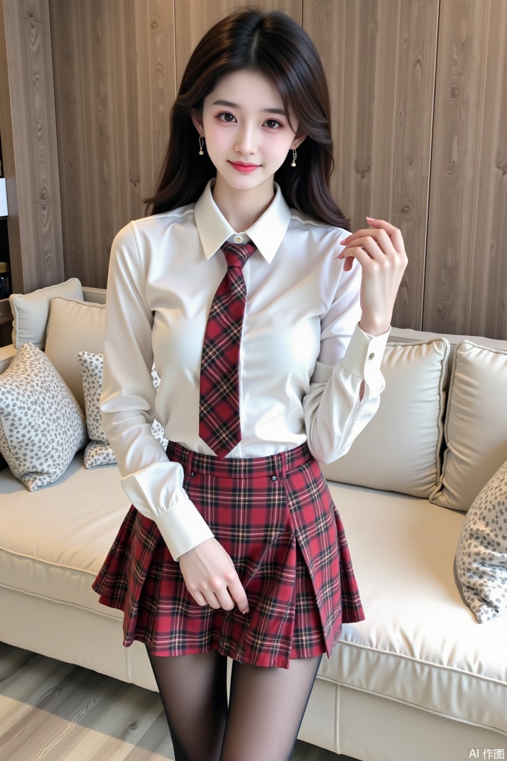 In this image, a young woman is posing in a modern, cozy room. She is dressed in a white shirt with a red and black tie, paired with a red plaid skirt,shiny black pantyhose. Big breasts. Her long, dark hair is loose and styled to fall over her shoulders. Full-body photo. The background features a wooden wall,and a cream-colored sofa with matching cushions. The overall atmosphere of the image is casual and youthful.,qc