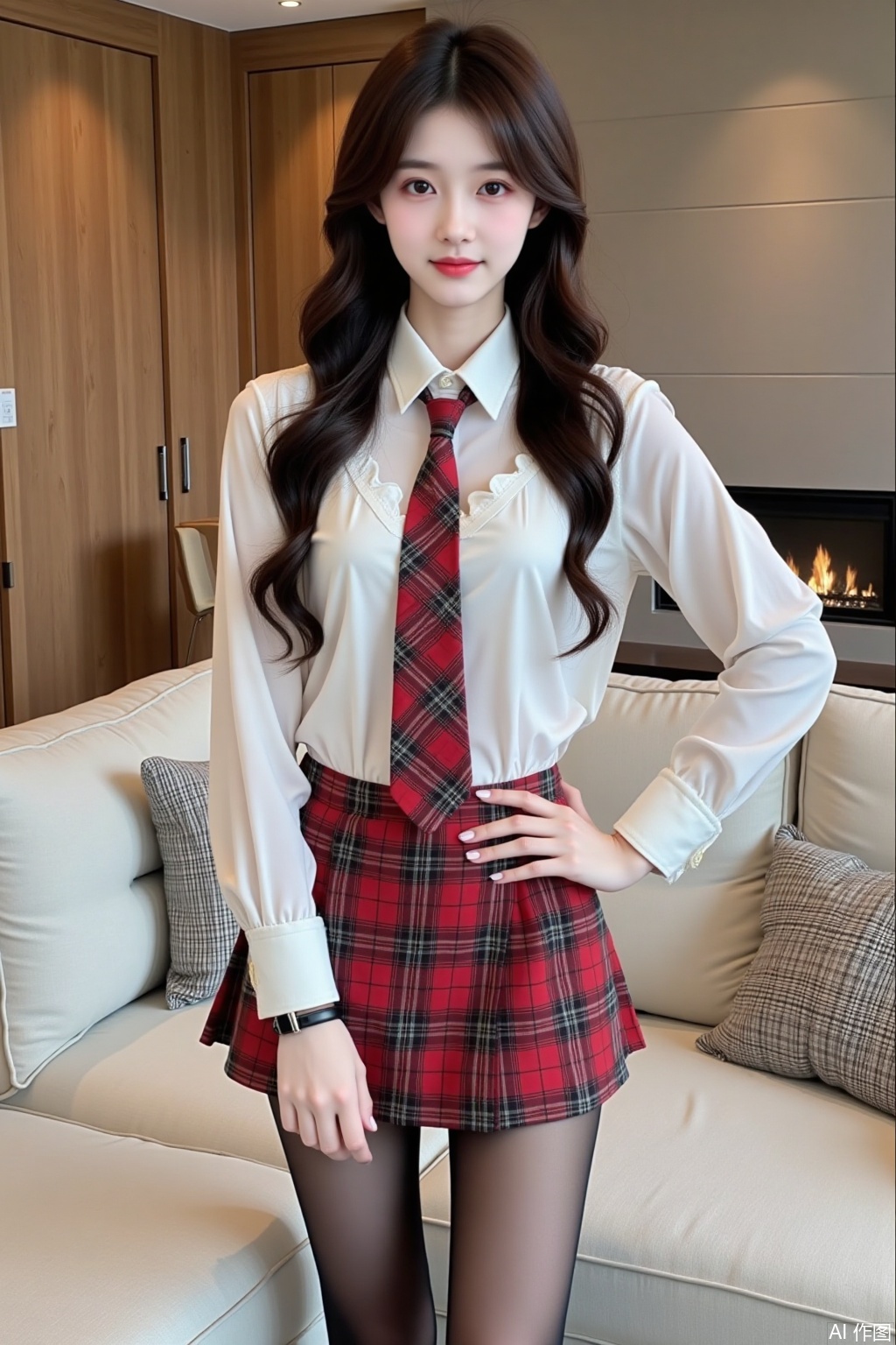 In this image, a young woman is posing in a modern, cozy room. She is dressed in a white shirt with a red and black tie, paired with a red plaid skirt,shiny black pantyhose. Big breasts. Her long, dark hair is loose and styled to fall over her shoulders. Full-body photo. The background features a wooden wall,and a cream-colored sofa with matching cushions. The overall atmosphere of the image is casual and youthful.,qc