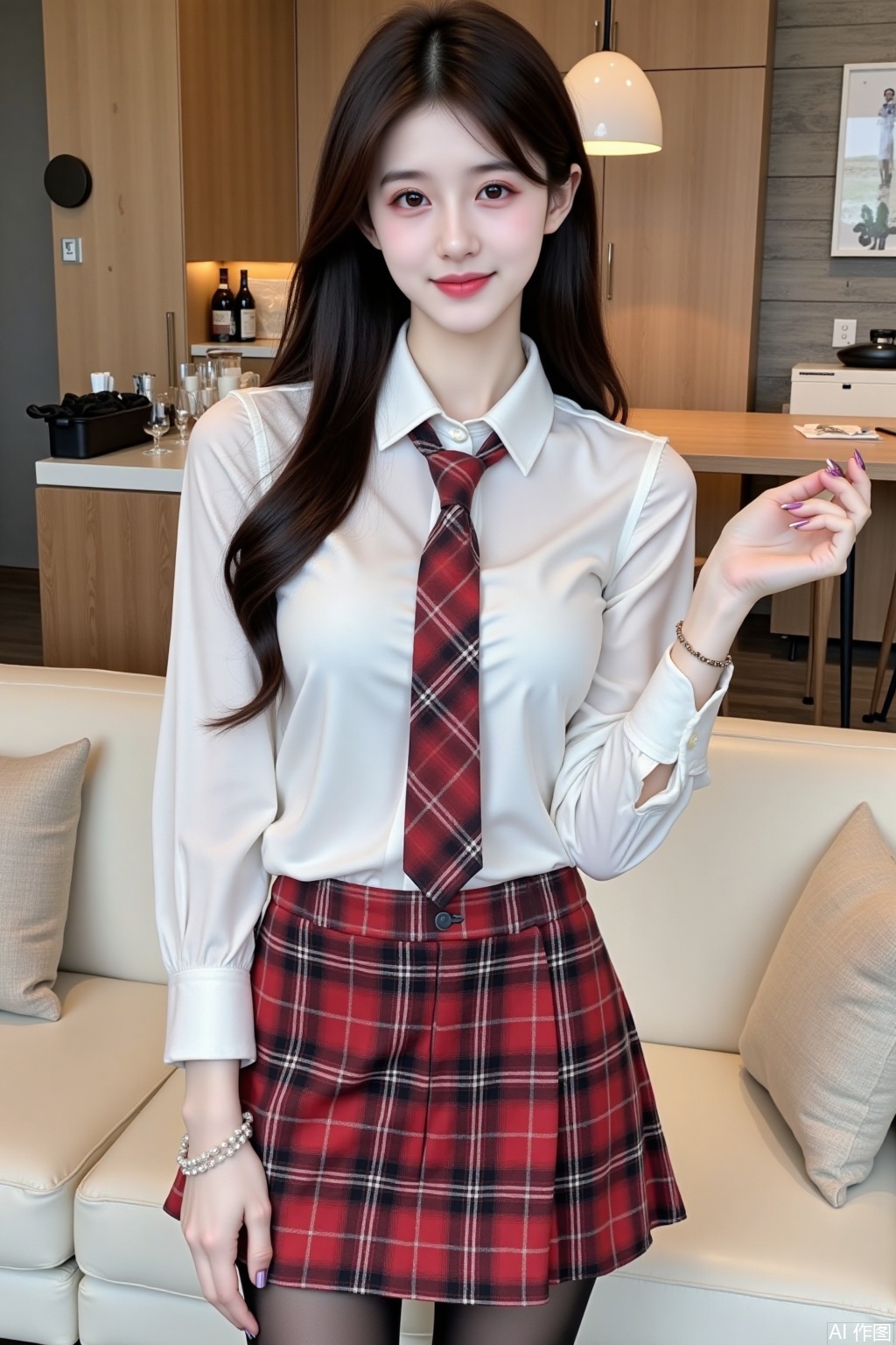 In this image, a young woman is posing in a modern, cozy room. She is dressed in a white shirt with a red and black tie, paired with a red plaid skirt,shiny black pantyhose. Big breasts. Her long, dark hair is loose and styled to fall over her shoulders. Full-body photo. The background features a wooden wall,and a cream-colored sofa with matching cushions. The overall atmosphere of the image is casual and youthful.,qc