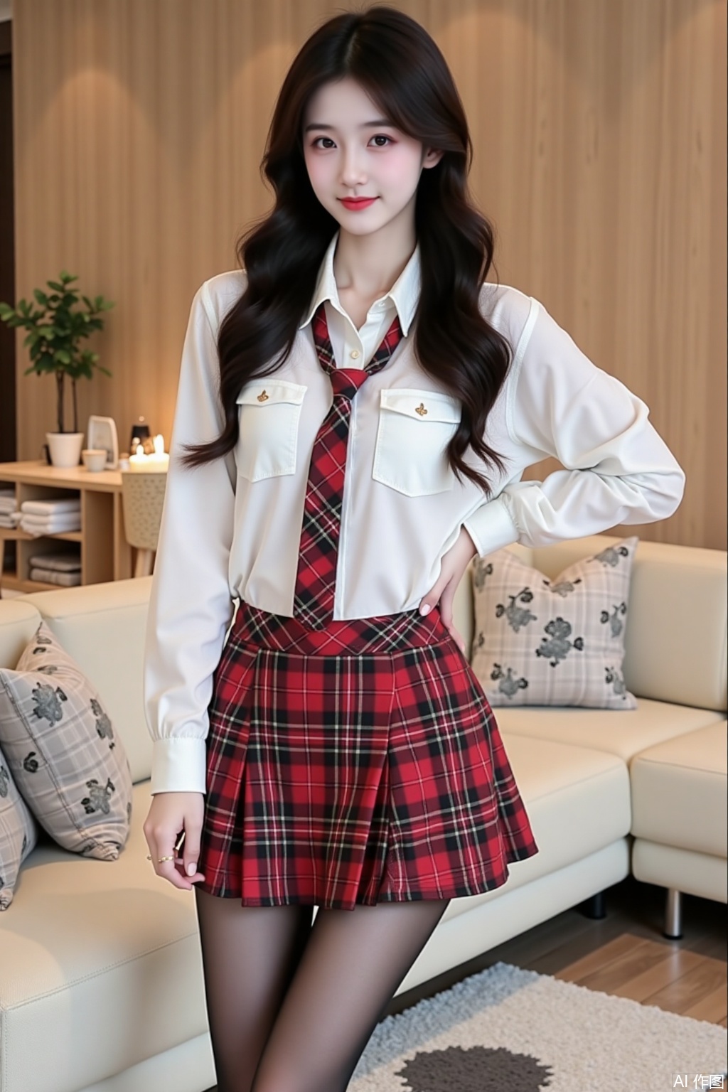 In this image, a young woman is posing in a modern, cozy room. She is dressed in a white shirt with a red and black tie, paired with a red plaid skirt,shiny black pantyhose. Big breasts. Her long, dark hair is loose and styled to fall over her shoulders. Full-body photo. The background features a wooden wall,and a cream-colored sofa with matching cushions. The overall atmosphere of the image is casual and youthful.,qc