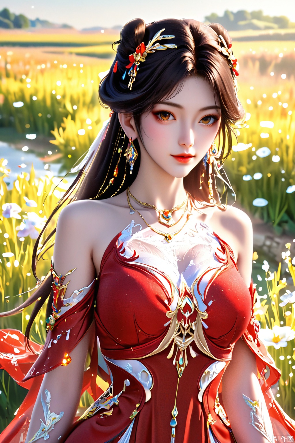 score_9,score_8_up,score_7_up,1girl, solo, long hair, brown hair, black hair, hair ornament, dress, bare shoulders, jewelry, earrings, necklace, red dress, masterpiece,best quality,official art,extremely detailed CG unity 8k wallpaper,upper body,looking at viewer,in a meadow,in a meadow,